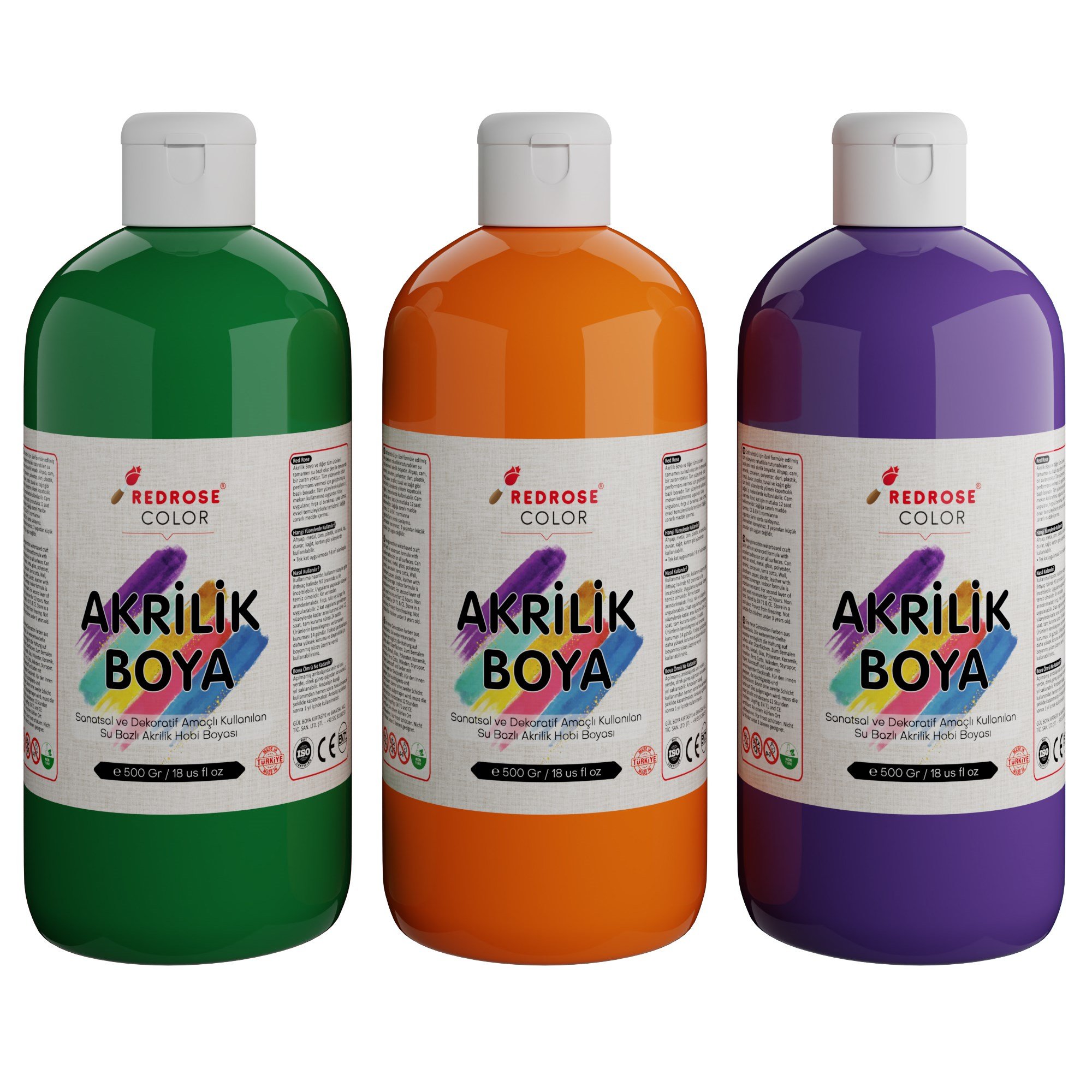Yeşil-Mor-Turuncu Akrilik Boya 3'lü Set 3x500gr