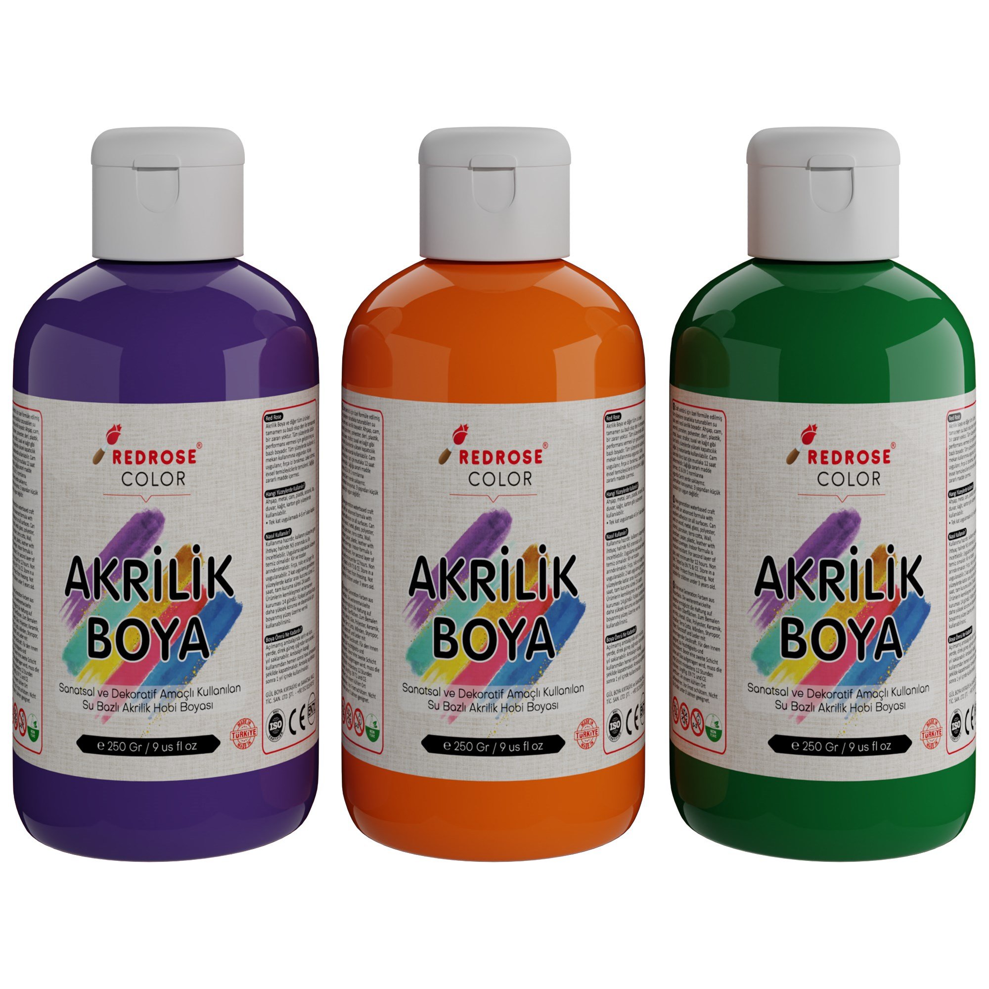 Yeşil-Mor-Turuncu Akrilik Boya 3'lü Set 3x250gr