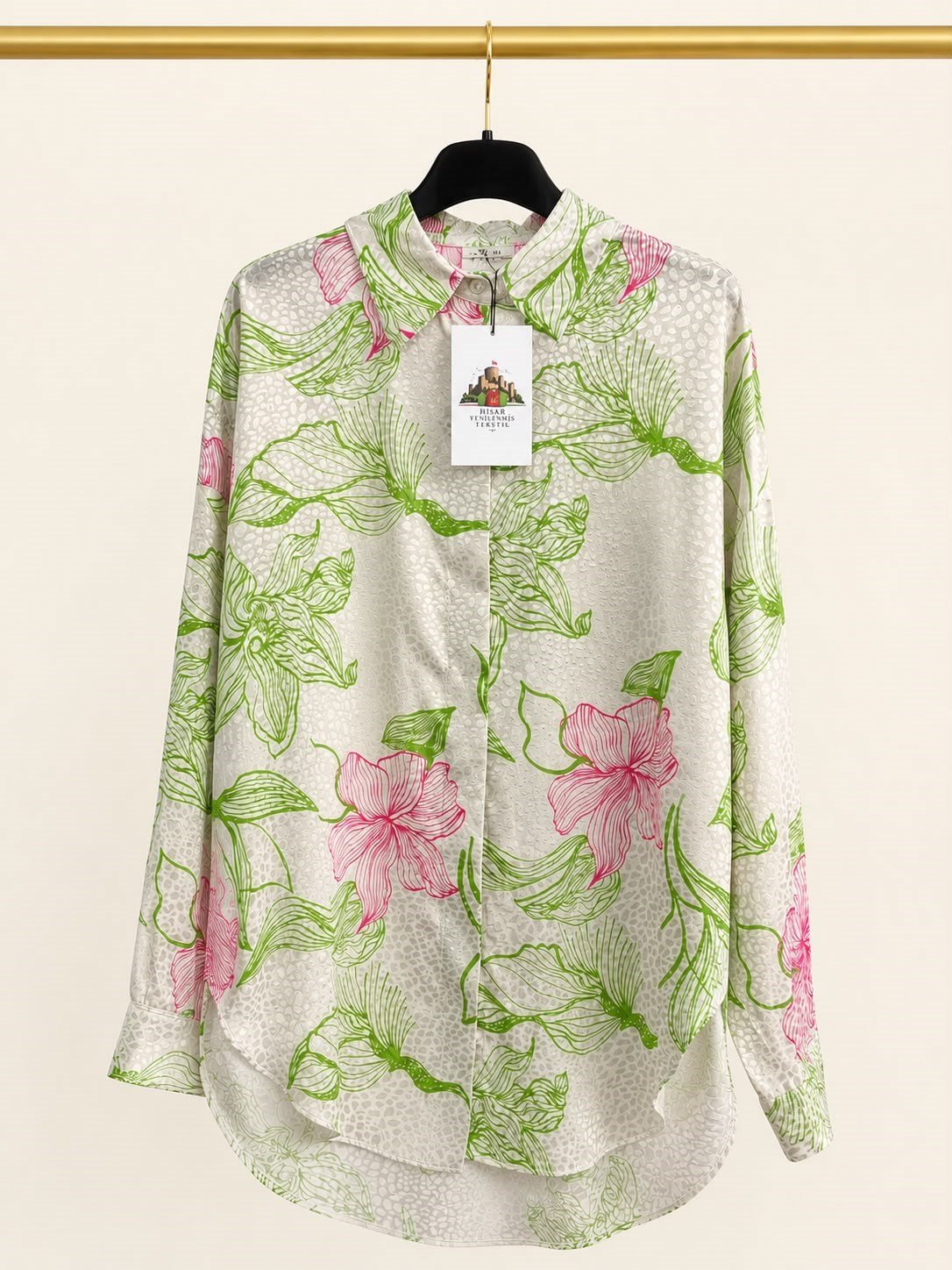 Sateen Classic Saten Çiçek Desenli Uzun Kollu Kadın Gömlek