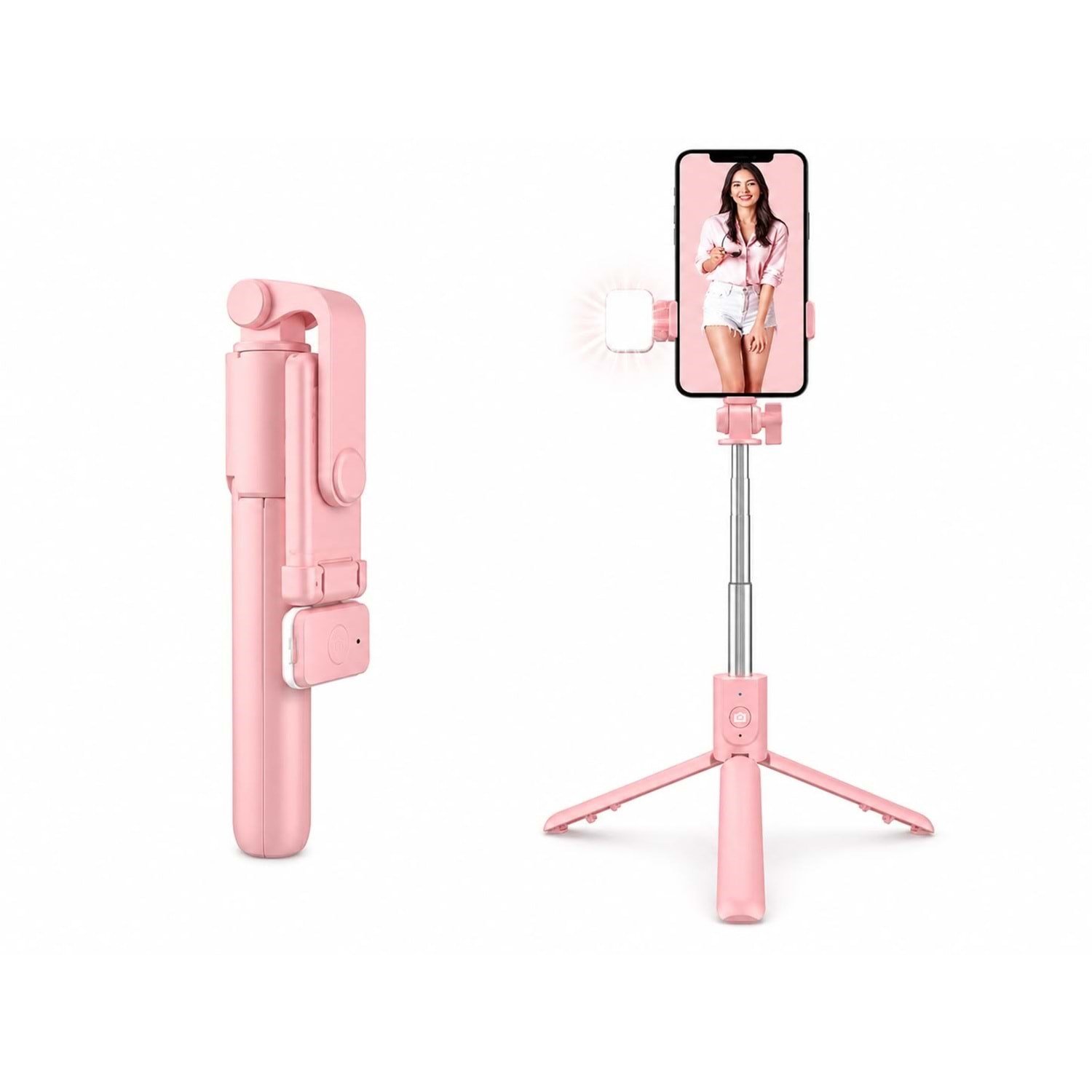 H1S Bluetooth Kumandalı Selfie Çubuğu ve Tripod Pembe