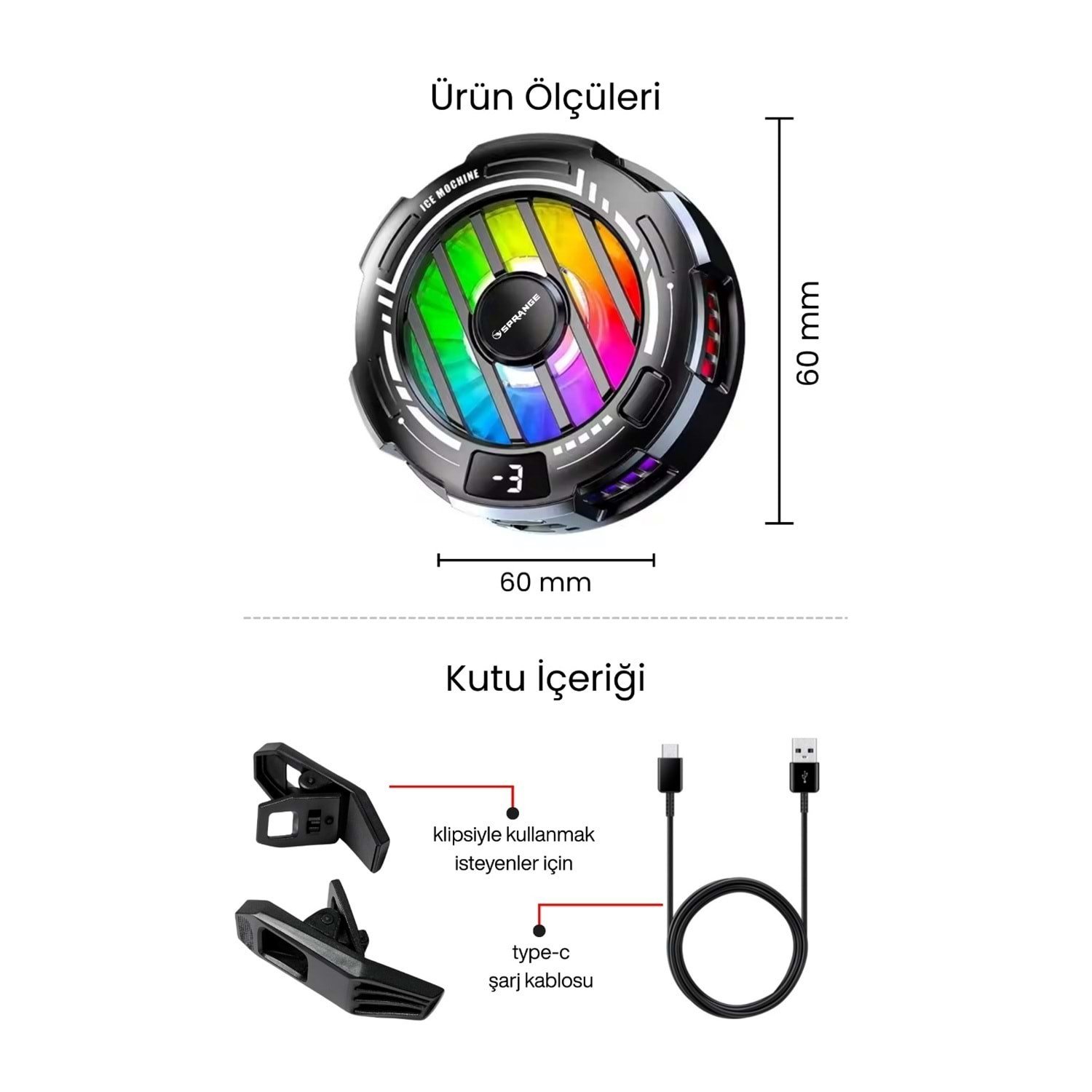 SPRANGE SR-MC7 RGB Aydınlatma Manyetik 3 Kademeli 8*5*4cm Telefon Soğutucu
