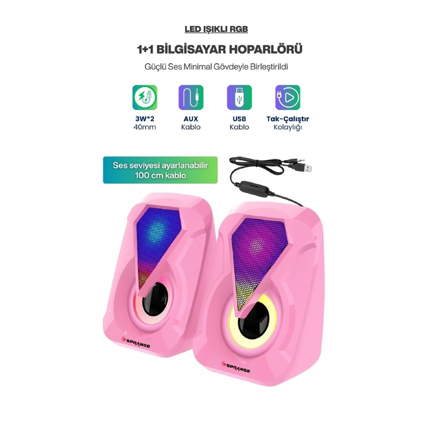 Sprange SR-PN785 3W-2 USB 2.0 + 3.5mm 5V Hoparlör Pembe