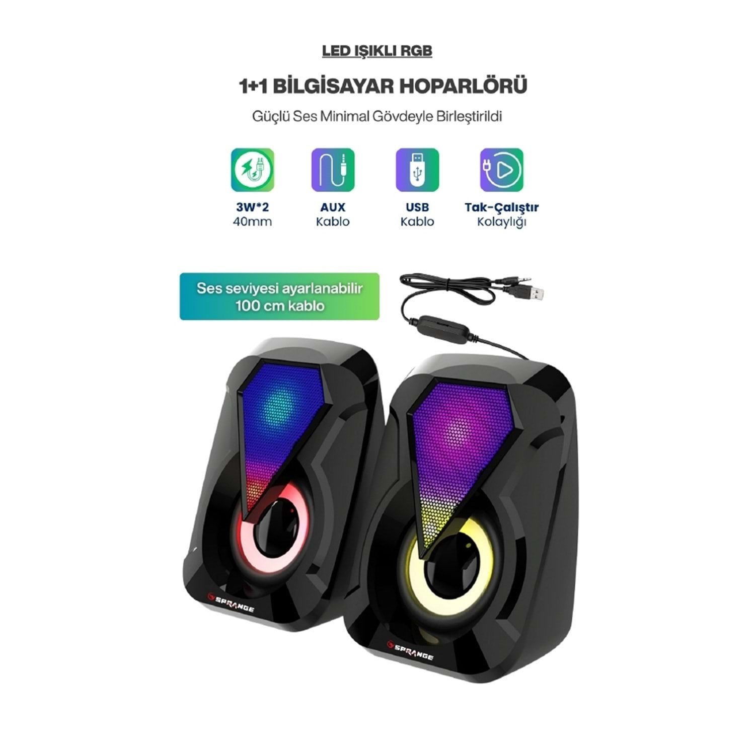 Sprange SR-PN785 3W-2 USB 2.0 + 3.5mm 5V Hoparlör Siyah