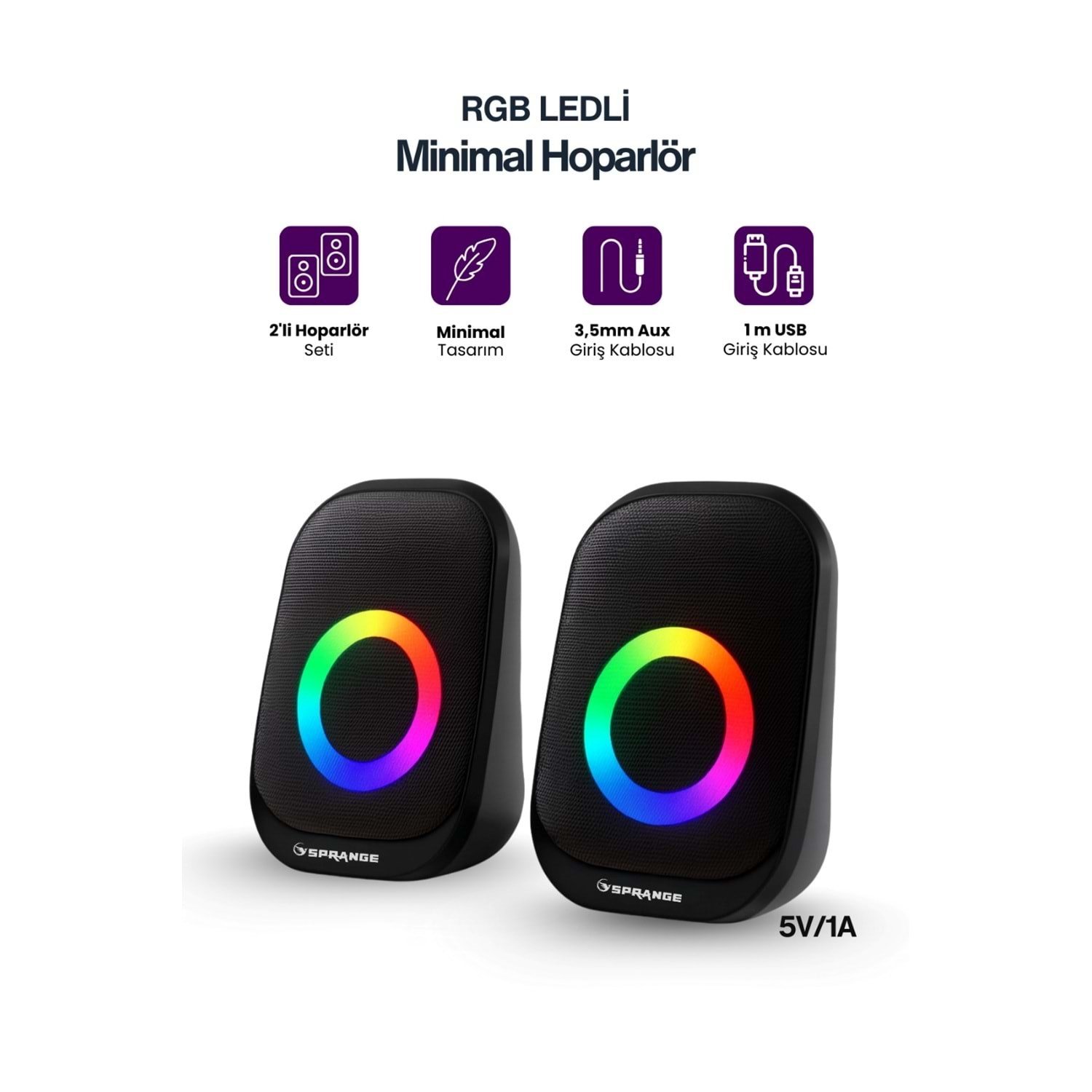 Sprange SR-PN786 3W-2 USB 2.0 + 3.5mm 5V Hoparlör Siyah