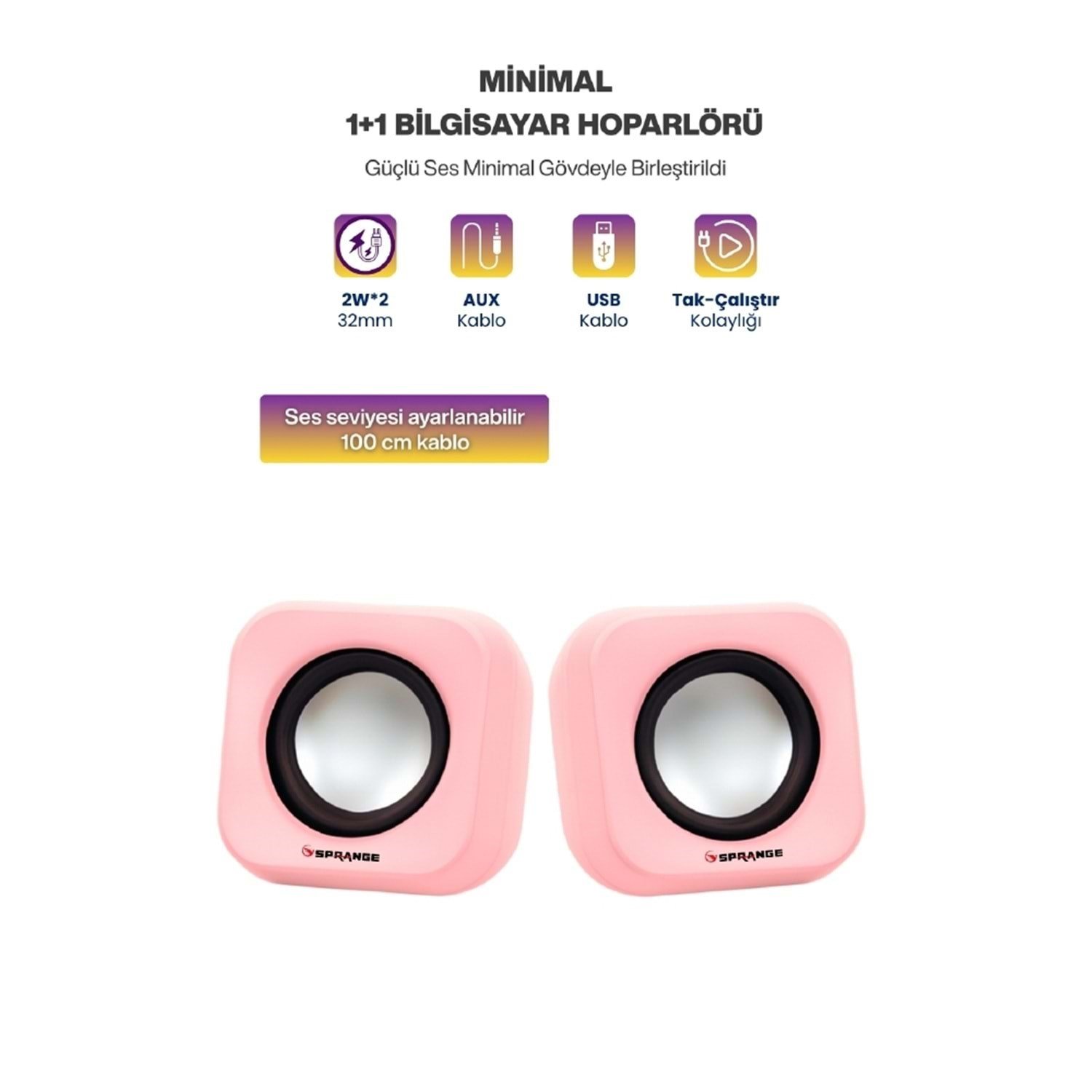 Sprange SR-PN99 2W-2 USB 2.0 + 3.5mm 5V Hoparlör Pembe