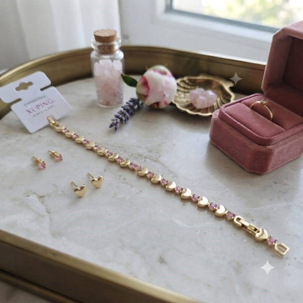 VİP TASARIM ,14 K ALTIN KAPLAMA XUPİNG PEMBE ZİRKON TAŞLI KALPLİ BİLEKLİK