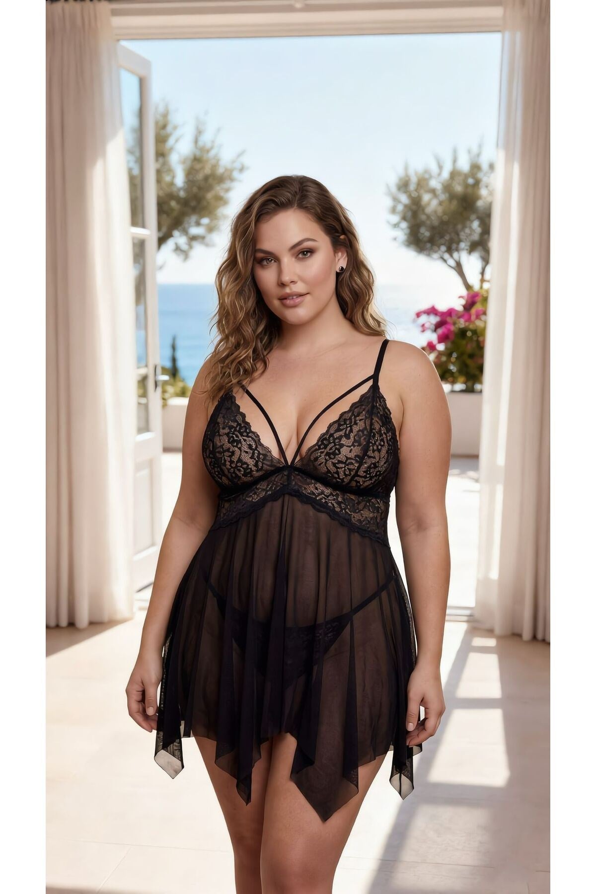 Büyük Beden Dantel Detaylı Tül Siyah Babydoll