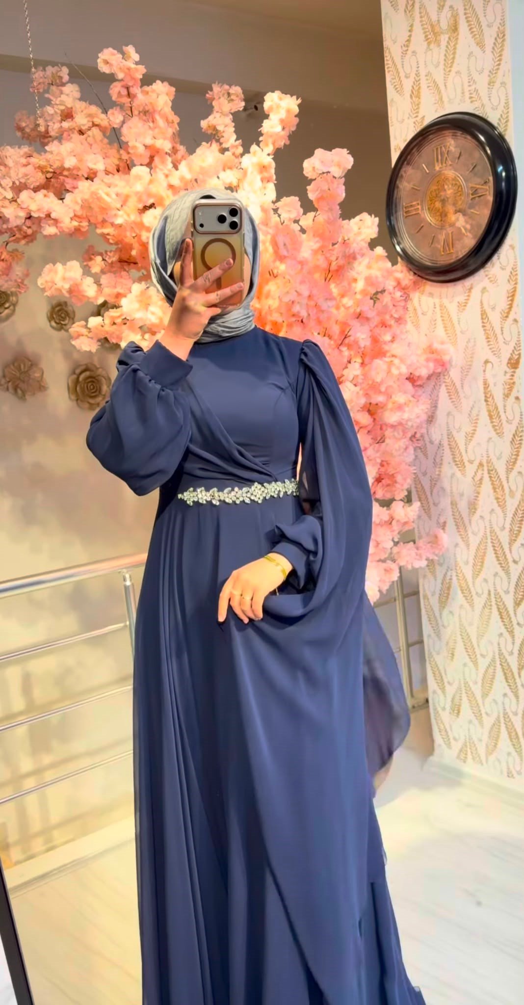 BELİ TAŞLI ŞİFON ABİYE-MAVİ