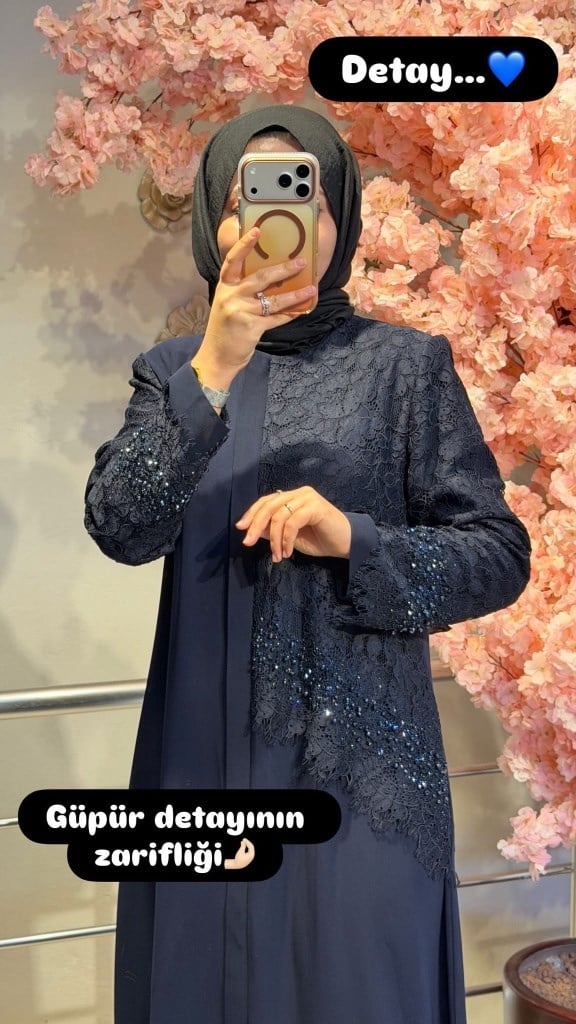 GÜPÜR DETAYLI LACİVERT FERACE
