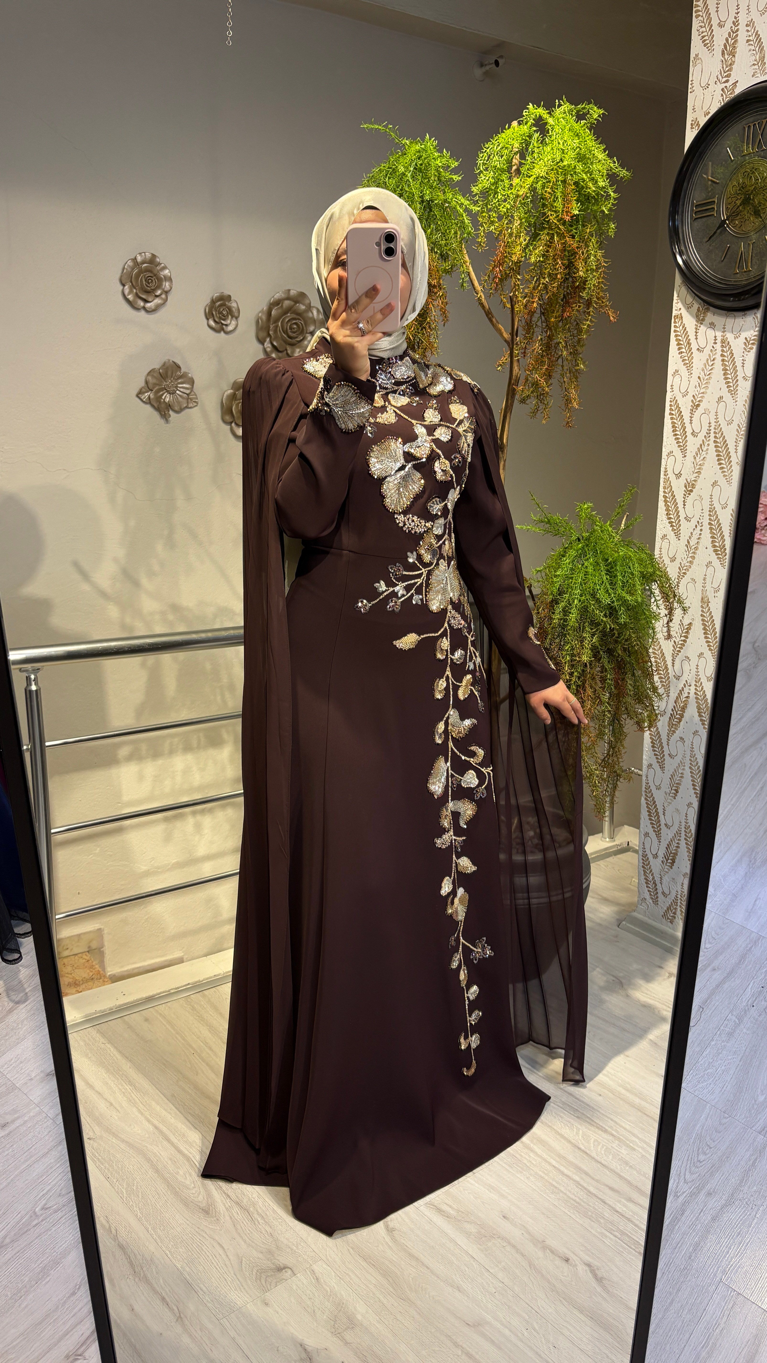 PİLELİ PELERİNLİ ABİYE KAHVE