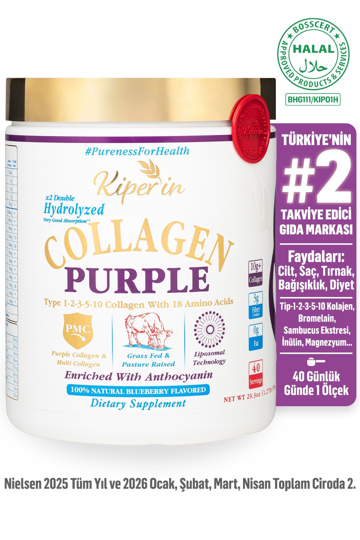 %100 Saf ve Doğal Mor & Çoklu Kolajen Peptitleri içeren Lipozomal Teknoloji Diyet Takviyesi (576gr)