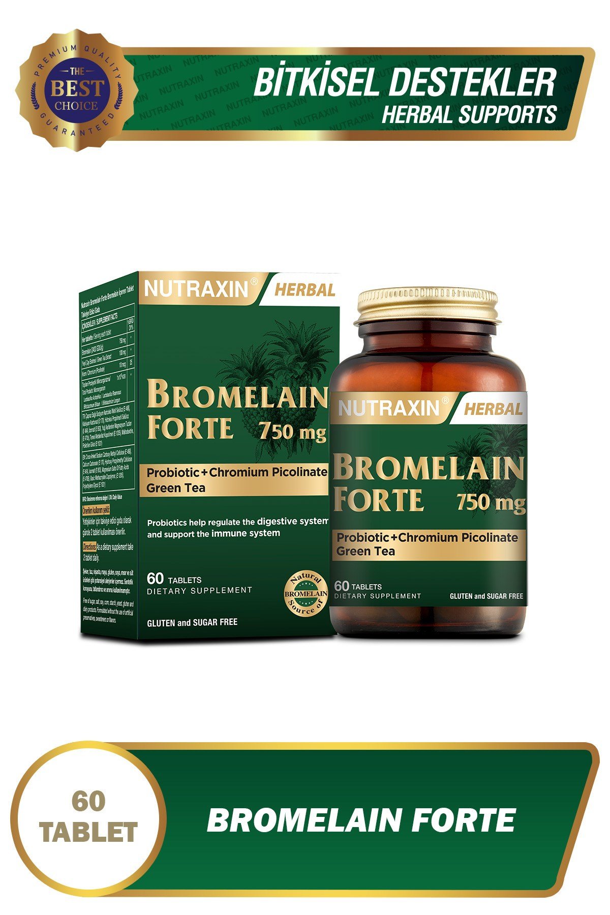 Bromelain Forte 750 mg 60 Tablet Krom Yeşilçay Probiyotik
