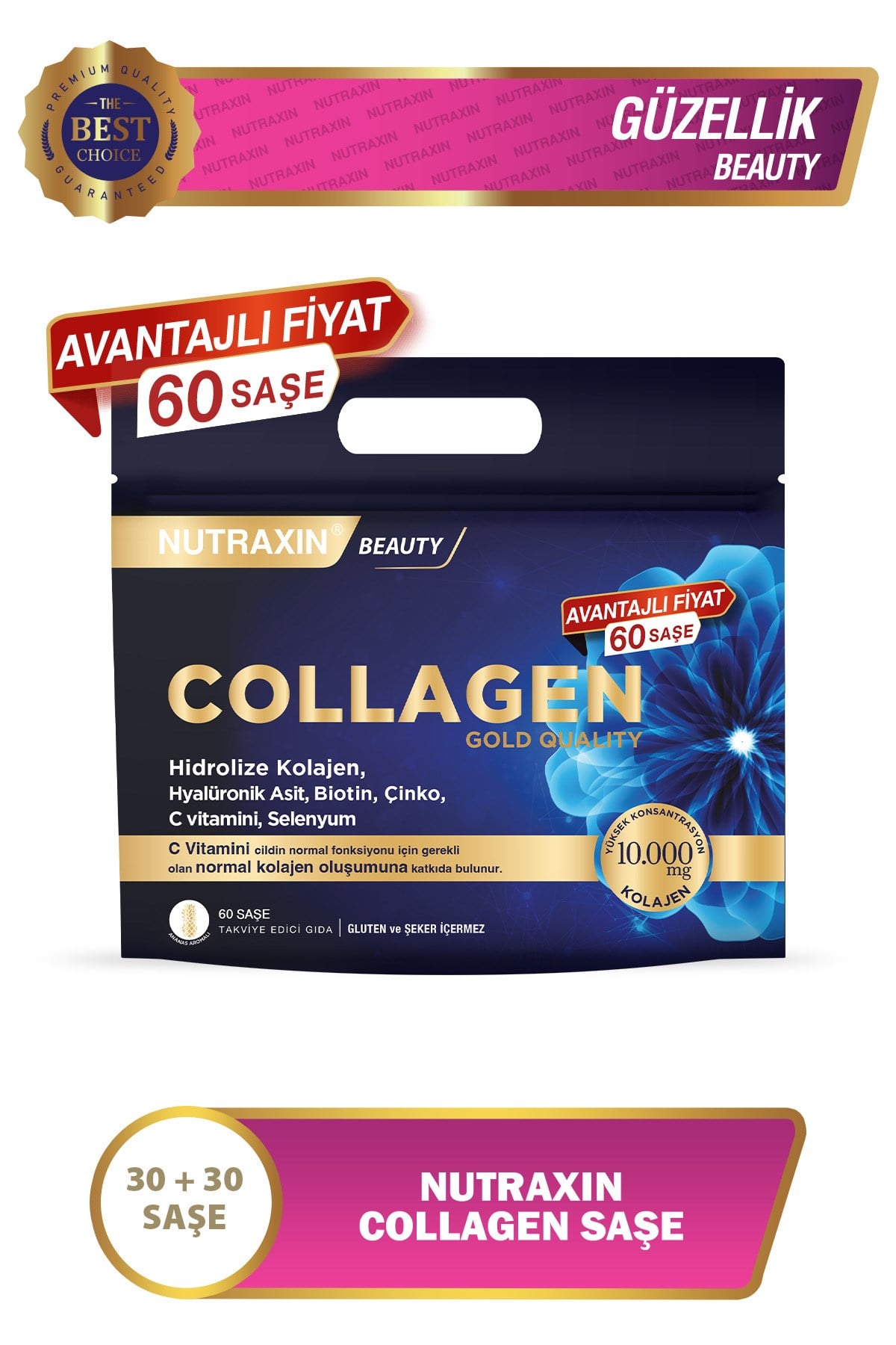 Collagen 60 Saşe 10.000 Mg Tip 1 Tip 3 Ananas Aromalı Avantajlı Çanta Set 60 Günlük Kullanım