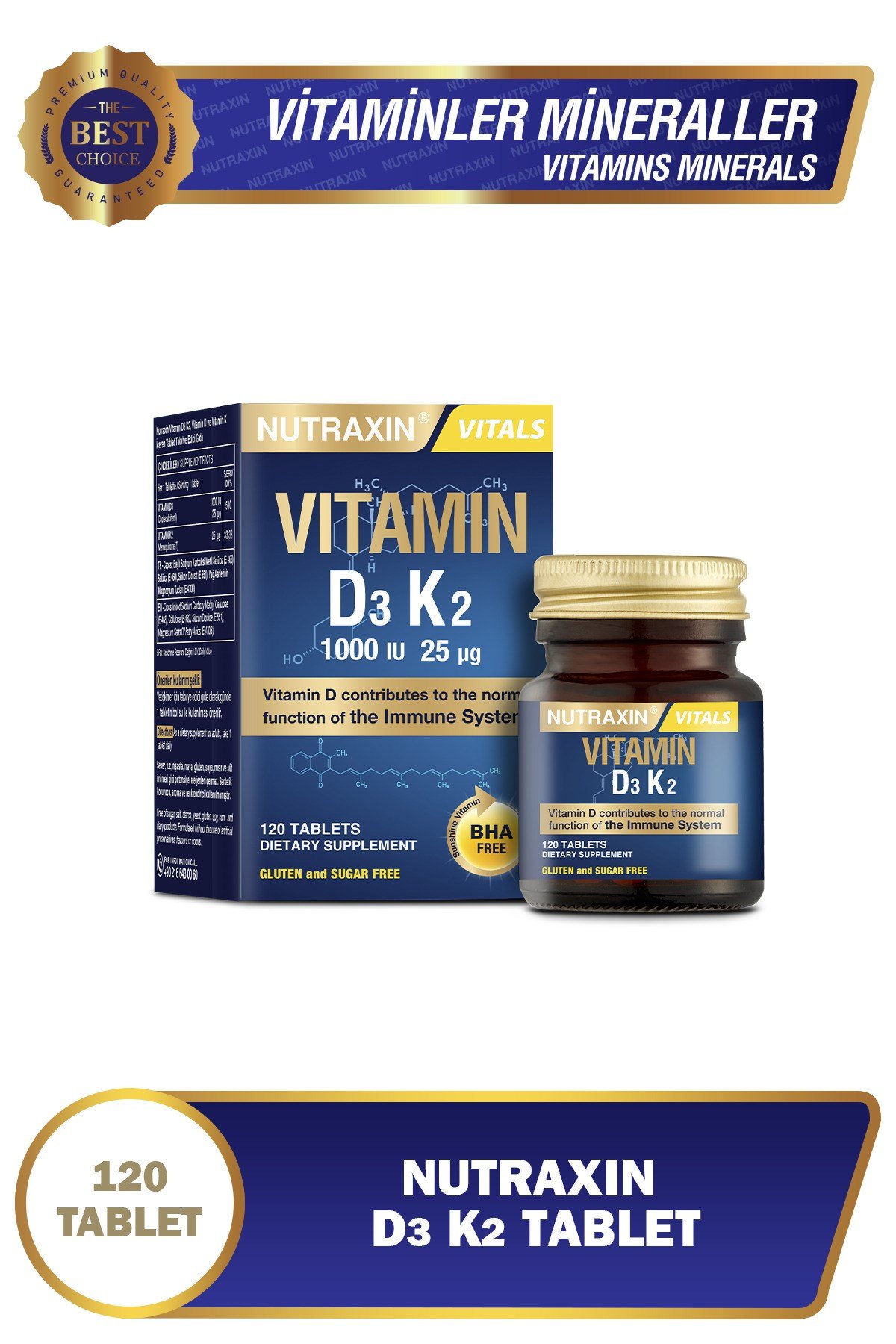 D3K2 120 Tablet – 1000 IU D3 + 25 mcg K2 Vitamini İçeren Takviye
