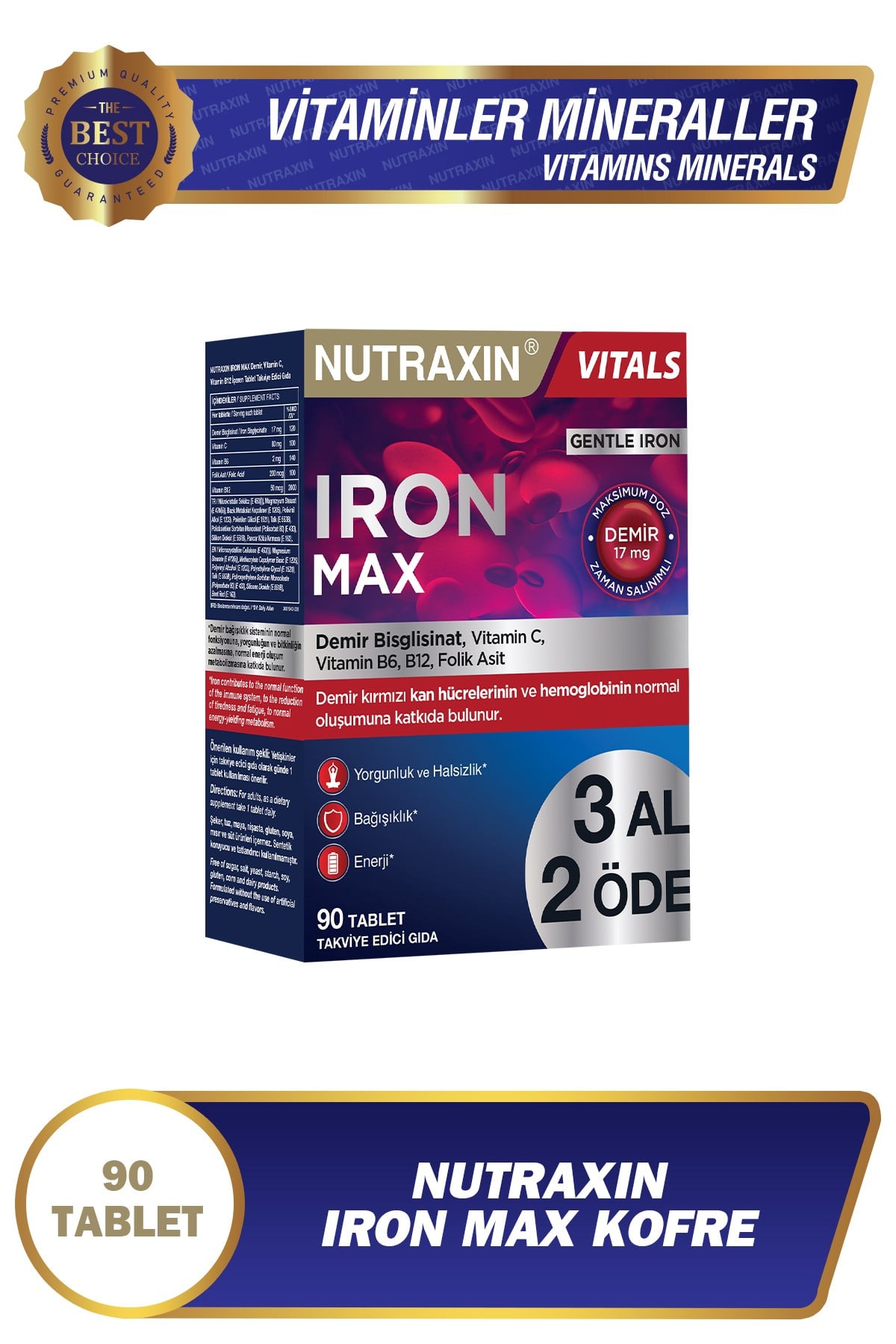 Iron Max 17 Mg 90 Tablet Avantajlı Paket - Gentle Iron, Vitamin C, B12, B6, 3 Aylık Kullanım