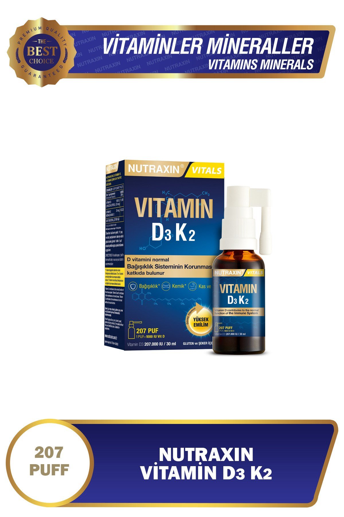 Vitals D3k2 30 Ml - 1000 Iu D3 Vitamini, 25 Mcg K2 Vitamini 207 Puf