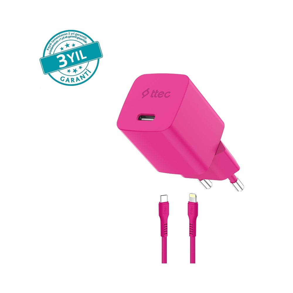2SCG20LNP ttec SmartCharger GAN 20W PD Seyahat Hızlı Şarj Aleti + USB-C - Lightning 120cm Kablo Neon Neon Pembe