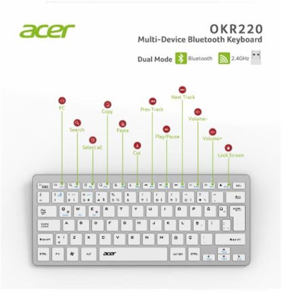 Acer OKR220 Beyaz MultiDevice Dual Mode 2.4GHZ Bluetooth Klavye (Smart Tv)(Android)