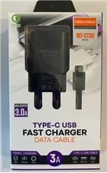 Megatech Mt-CT30 Siyah QD 3.0a Usb Ev Şarj Kafa+ Type-C Şarj Kablosu