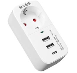 S-link SL-011 16A-250V 750 Joule 2 Usb 1 Type C 5V2.4A  Akım Korumalı Tekli Priz