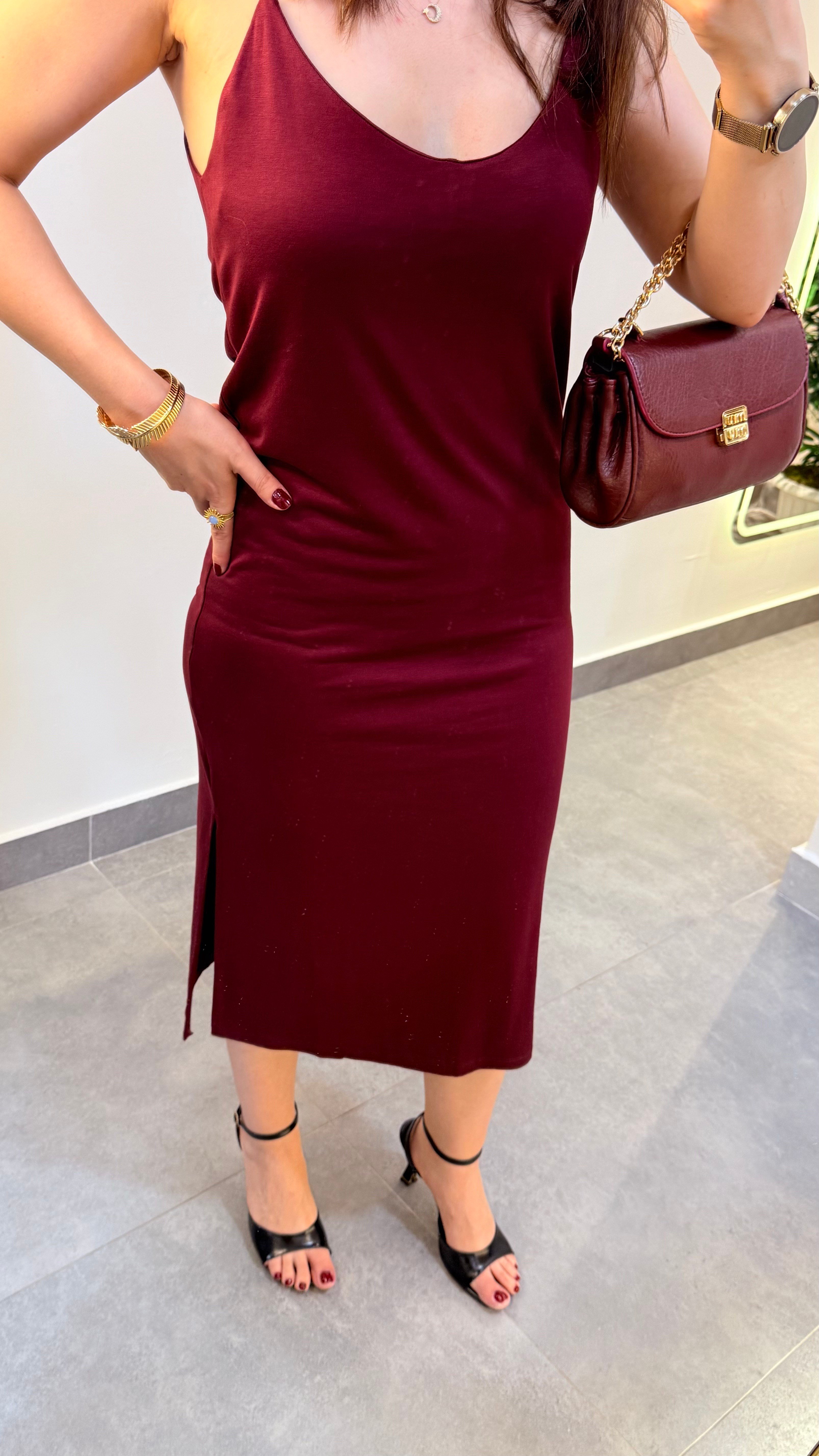 Bordo İp Askılı Yırtmaçlı Modal Basic Elbise