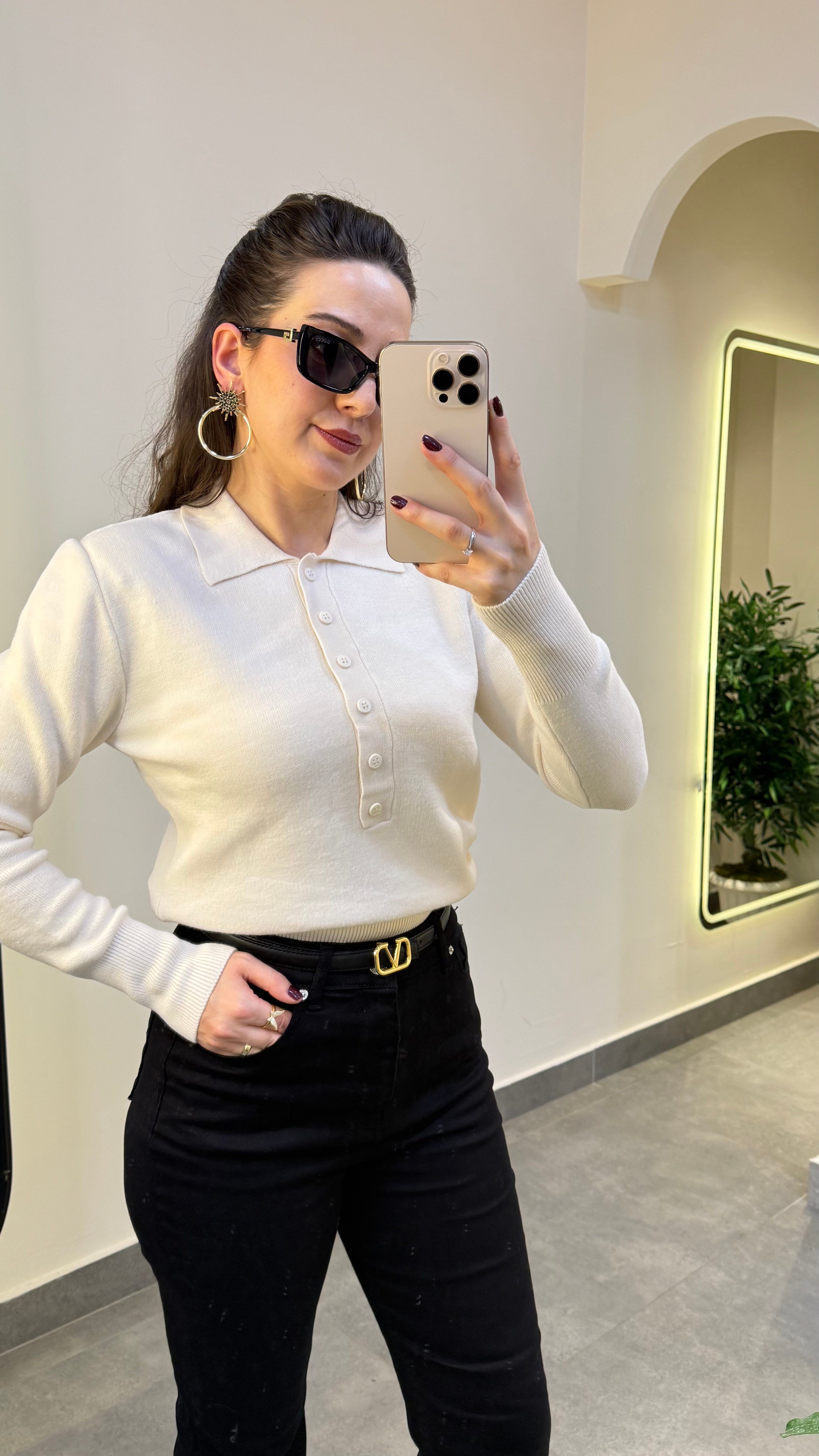 Ekru Polo Yaka Vatkalı Triko