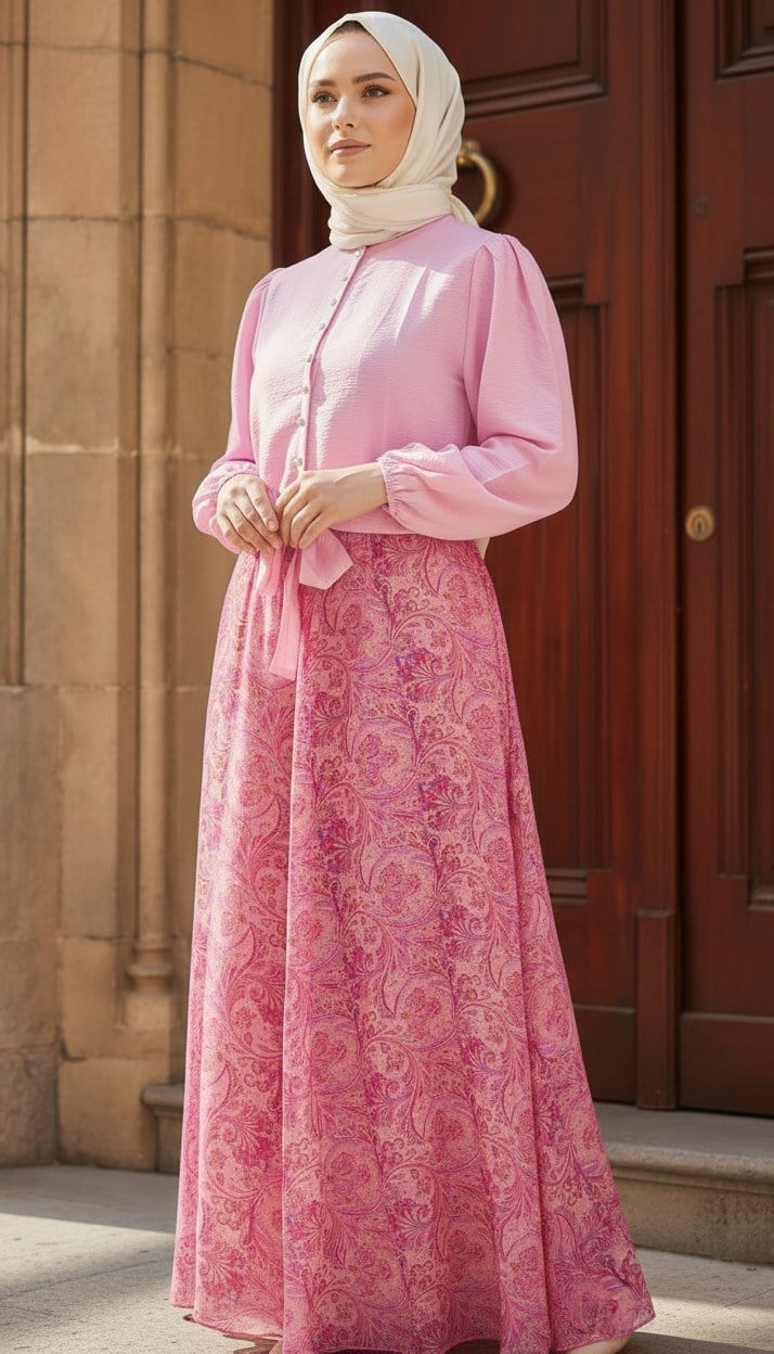 Bağlama Detaylı Şal Desenli Pembe Etekli Takım