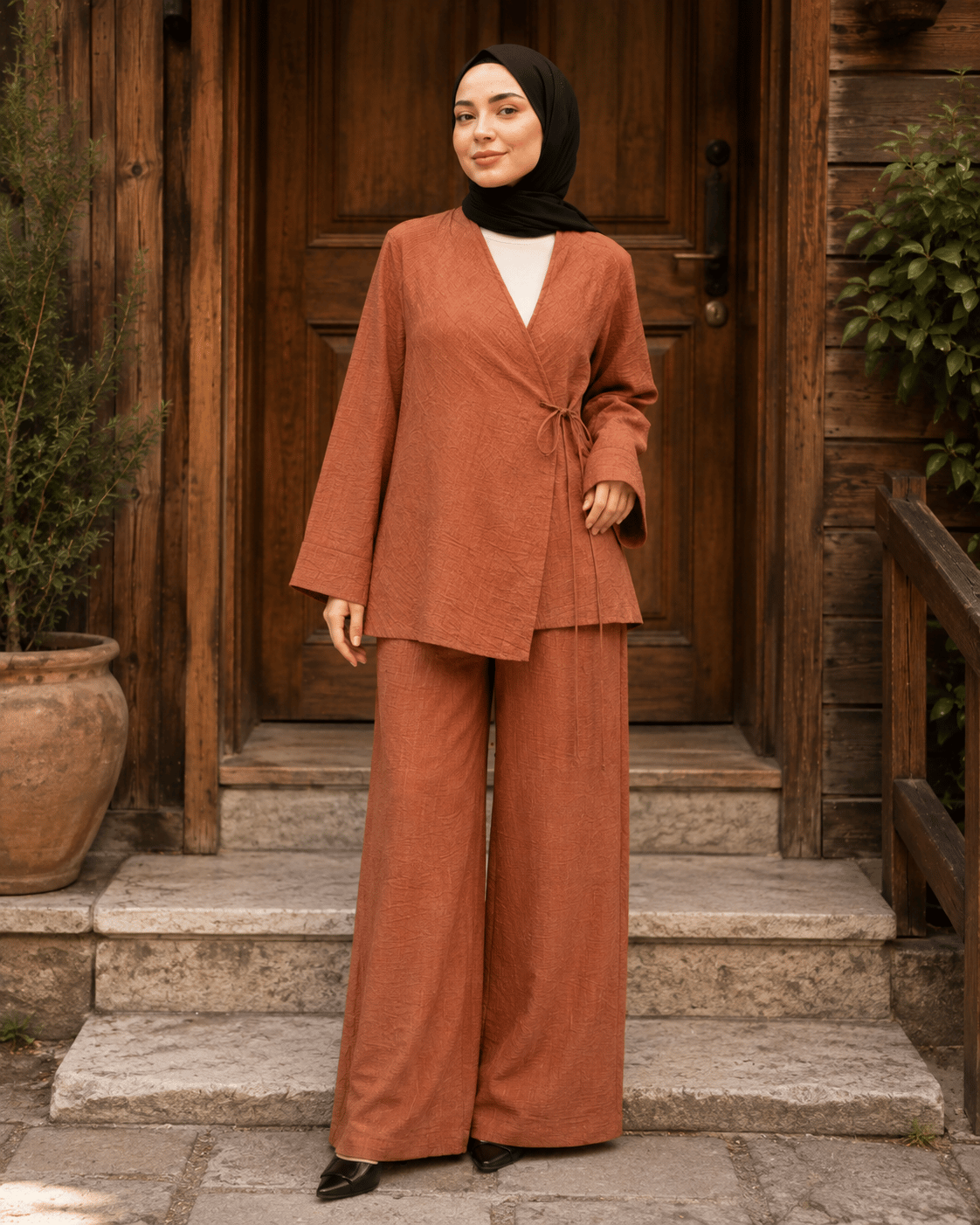 Dokulu Kumaş Bağlama Detaylı Kiremit Kimono Pantolon Takım