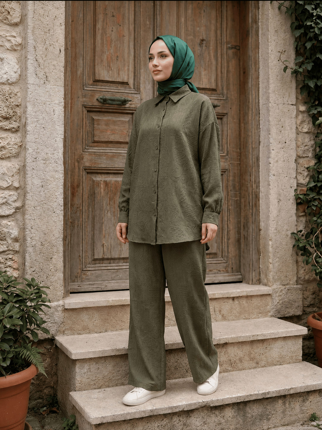 Jakarlı Desenli Haki Pantolonlu İkili Takım