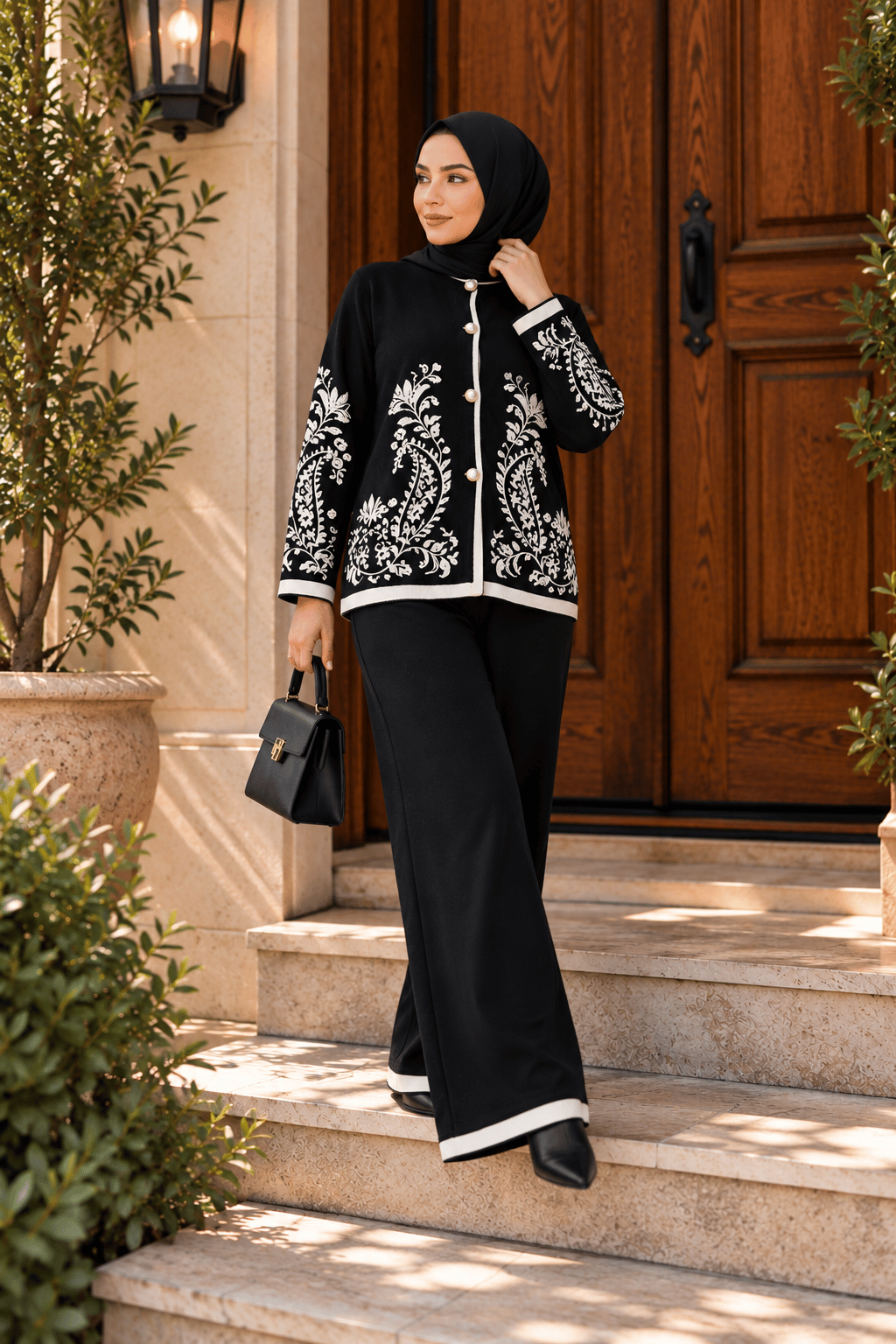 Şal Desenli Siyah Triko Pantolonlu İkili Takım