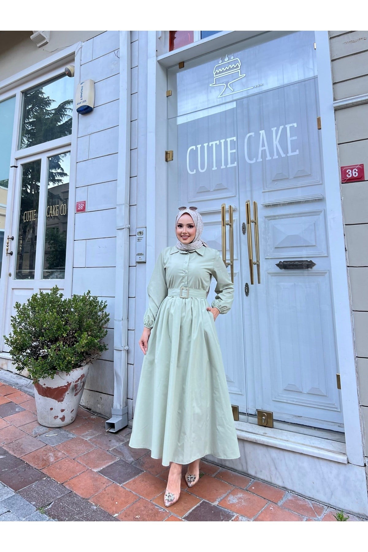 Gömlek Yakalı Tesettür Elbise-çağle Yeşili