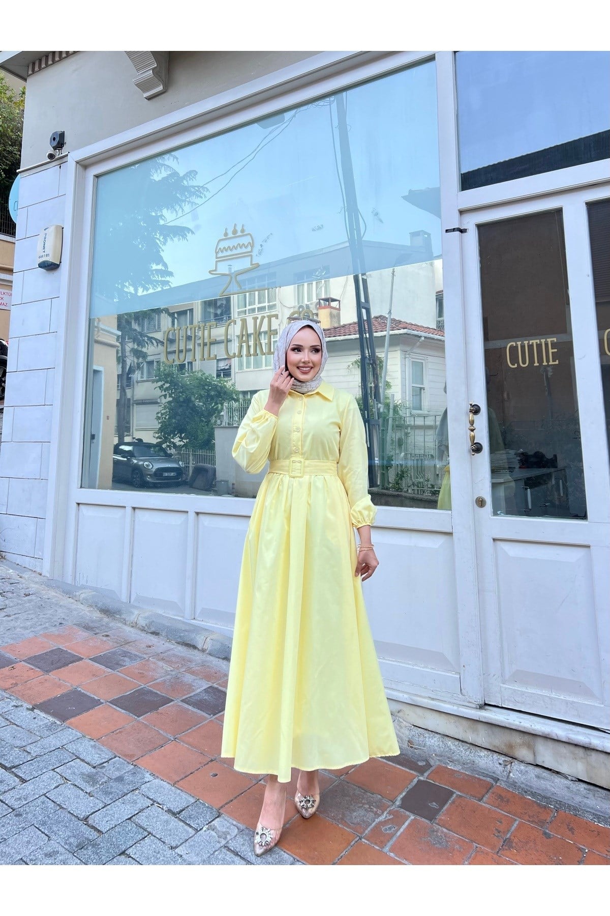 Gömlek Yakalı Tesettür Elbise-sarı