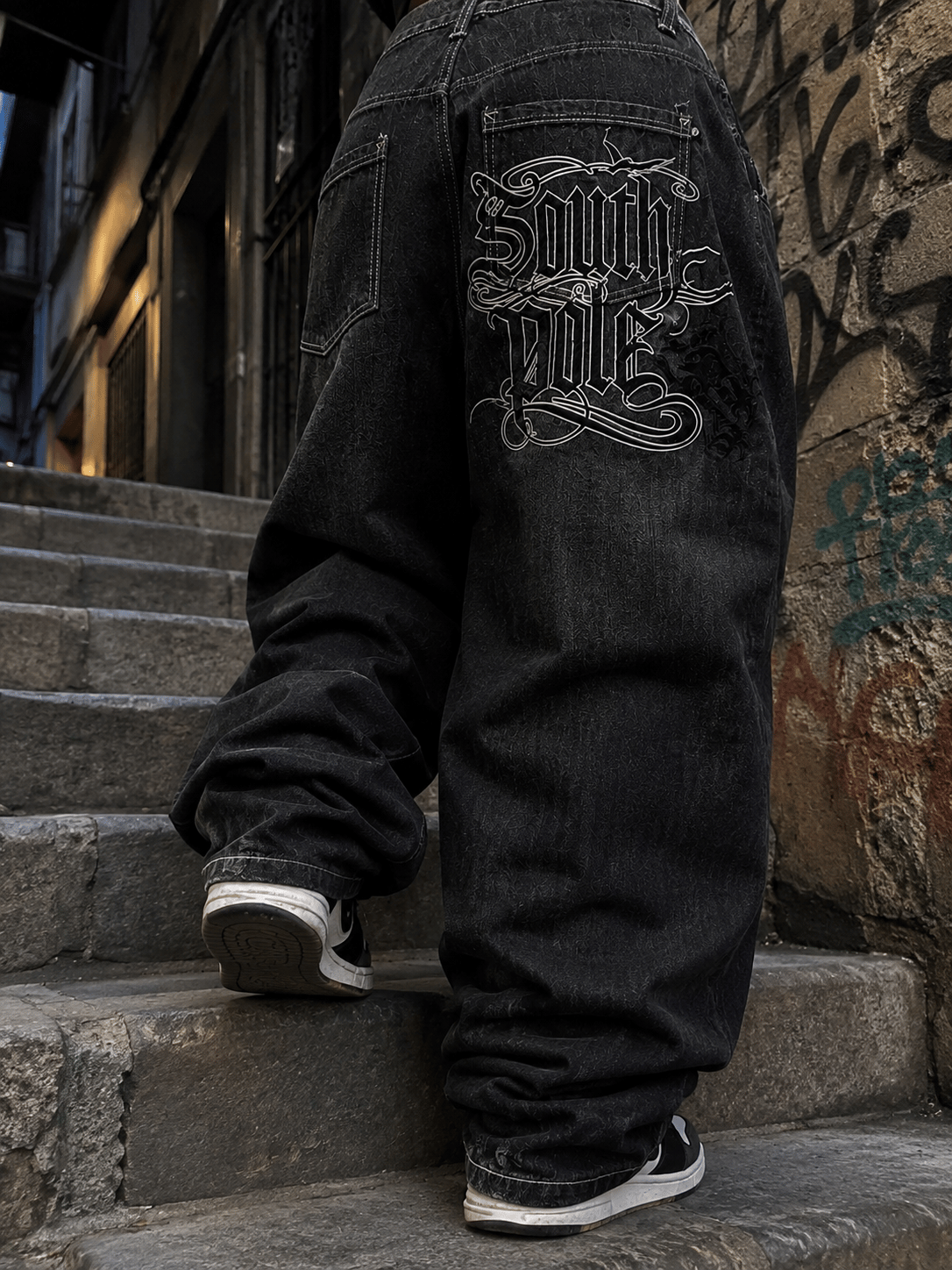 Baggy Siyah Yıkamalı South Pole Nakış Detay Y2k Denim Pantolon