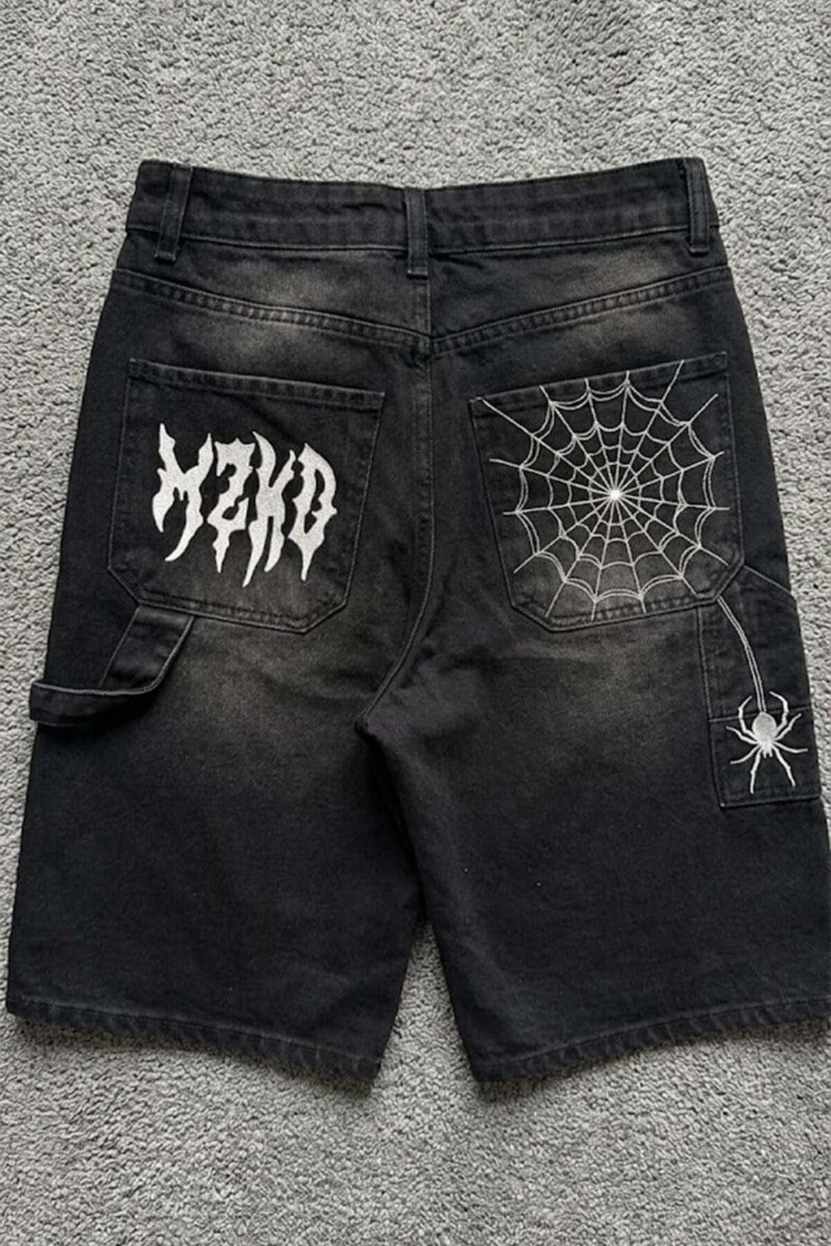 Beyaz MZKD Spider Nakışlı Y2K Baggy Unisex Şort