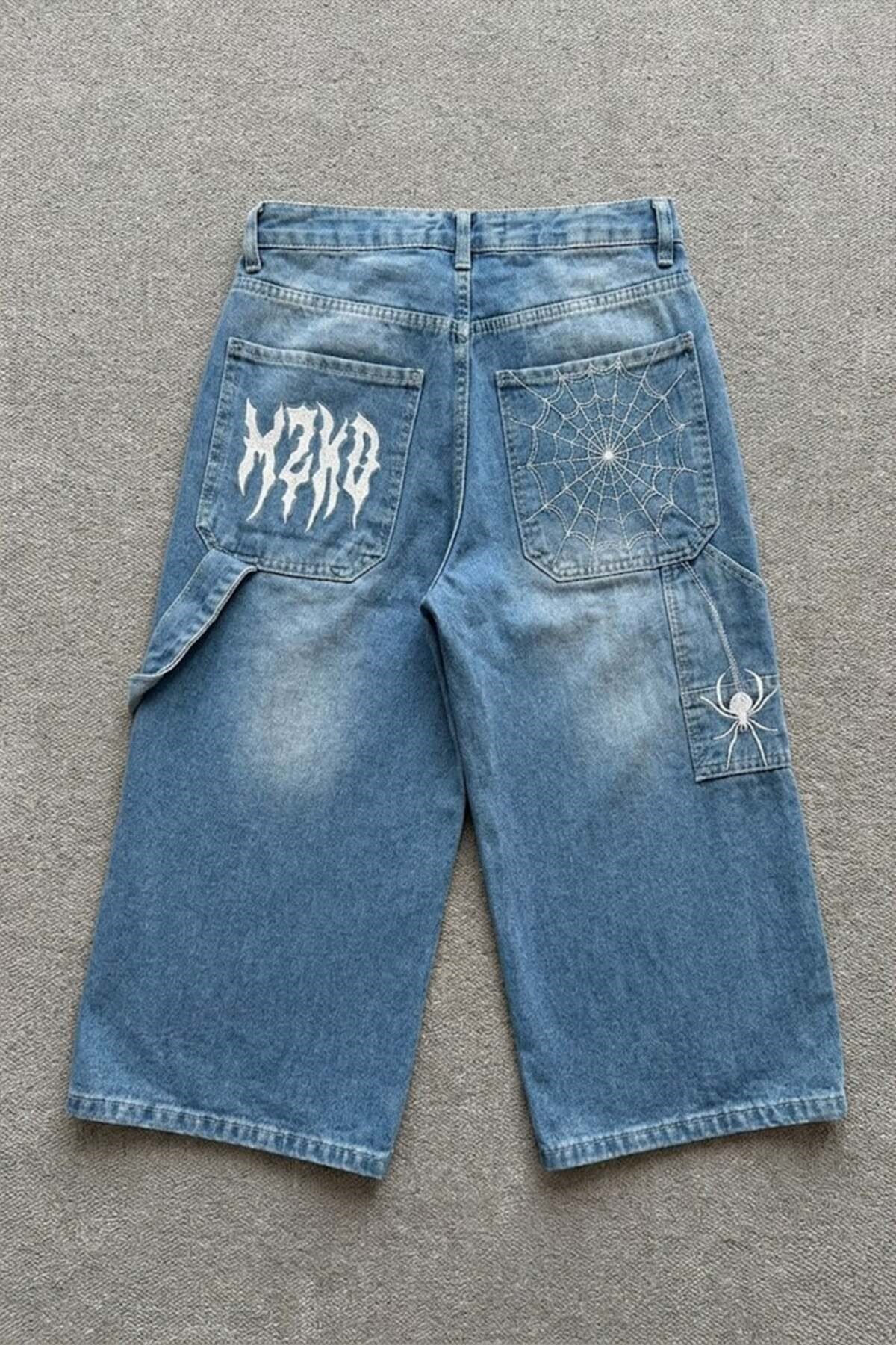 Beyaz MZKD Spider Nakışlı Y2K Baggy Unisex Şort