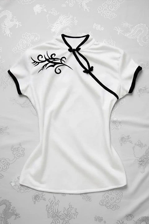 Çin Yakalı Floral Motifli Siyah Şeritli Vintage Y2K Crop