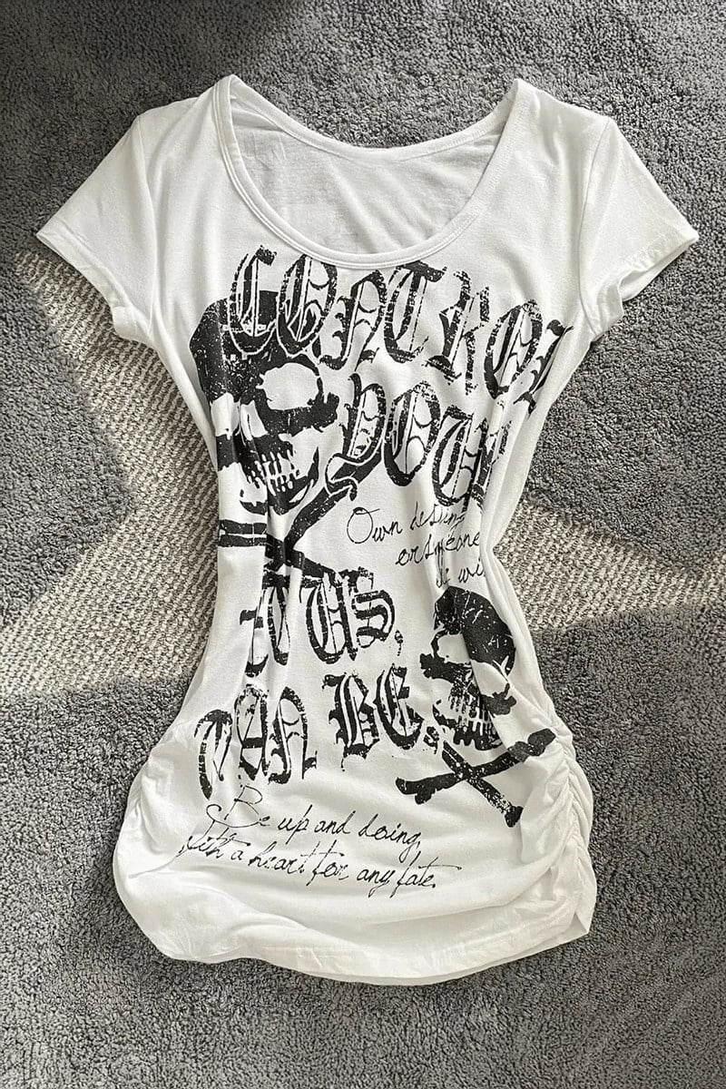 Gotik Skulls Control Geniş Yaka Y2K Crop - Beyaz