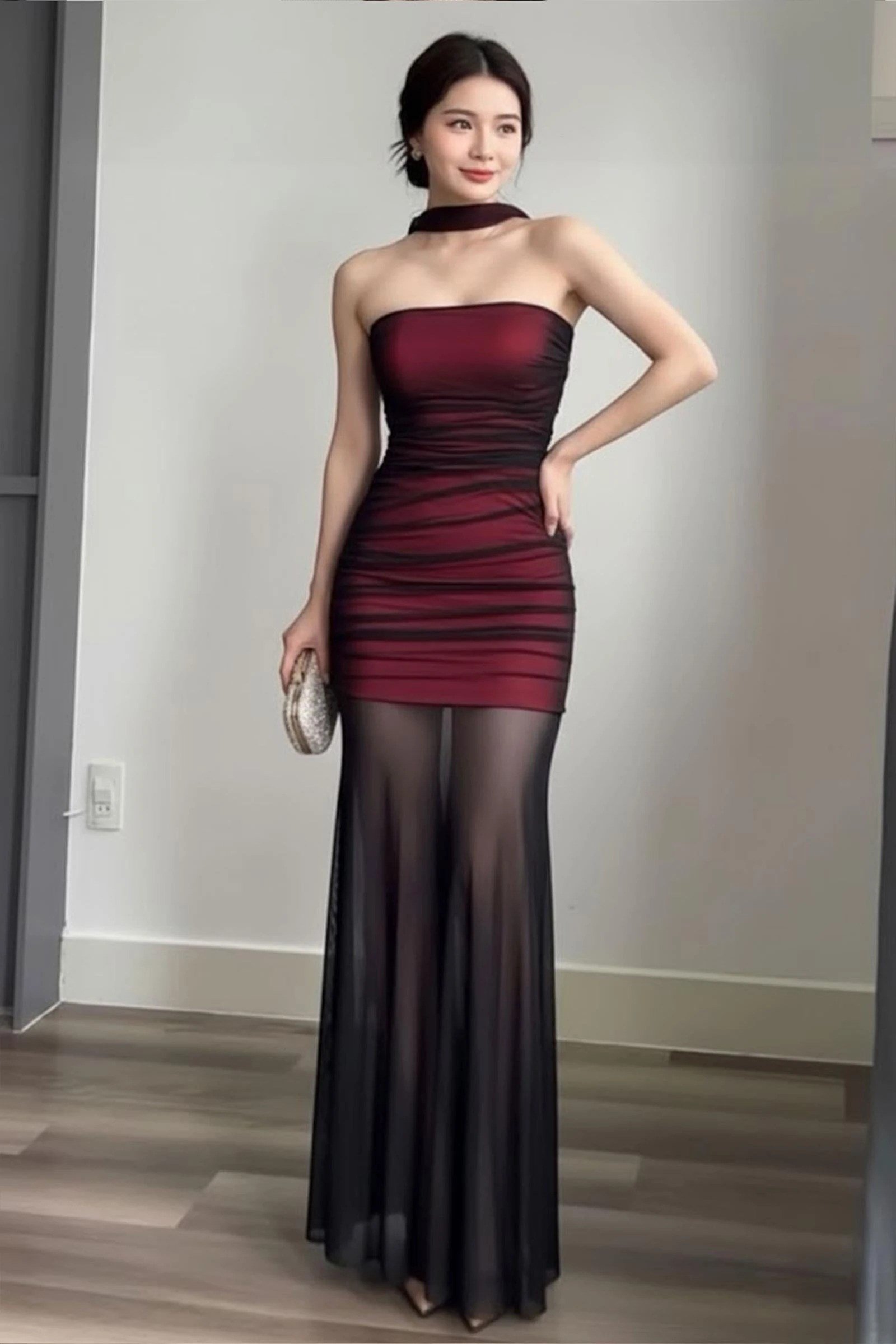 Gotik Transparan Tül Uzun Elbise Bordo