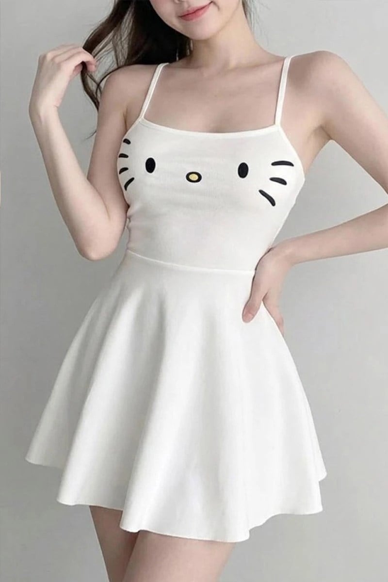 Hello Kitty Face Askılı Elbise Beyaz
