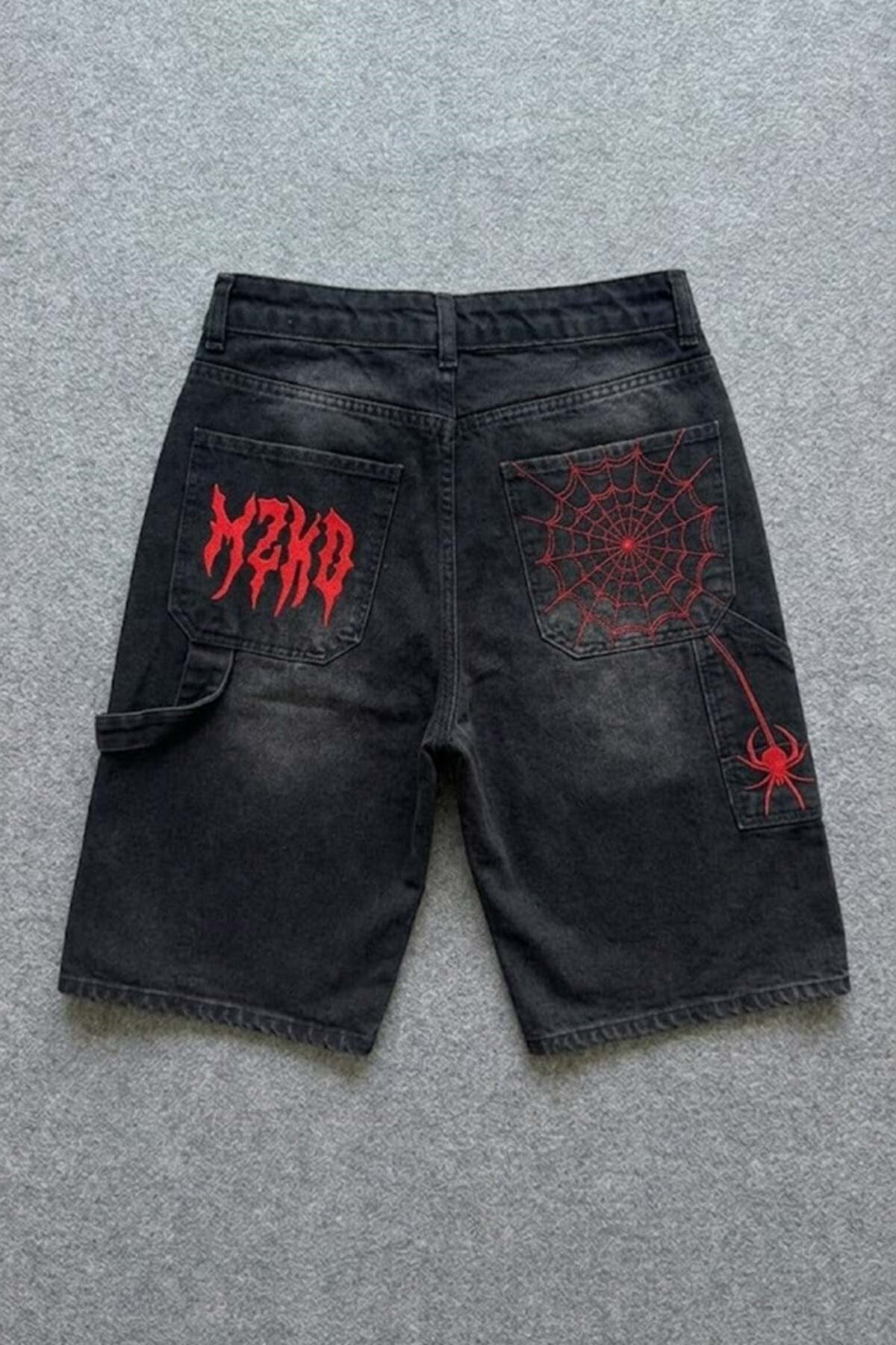 Kırmızı MZKD Spider Nakışlı Y2K Baggy Unisex Şort