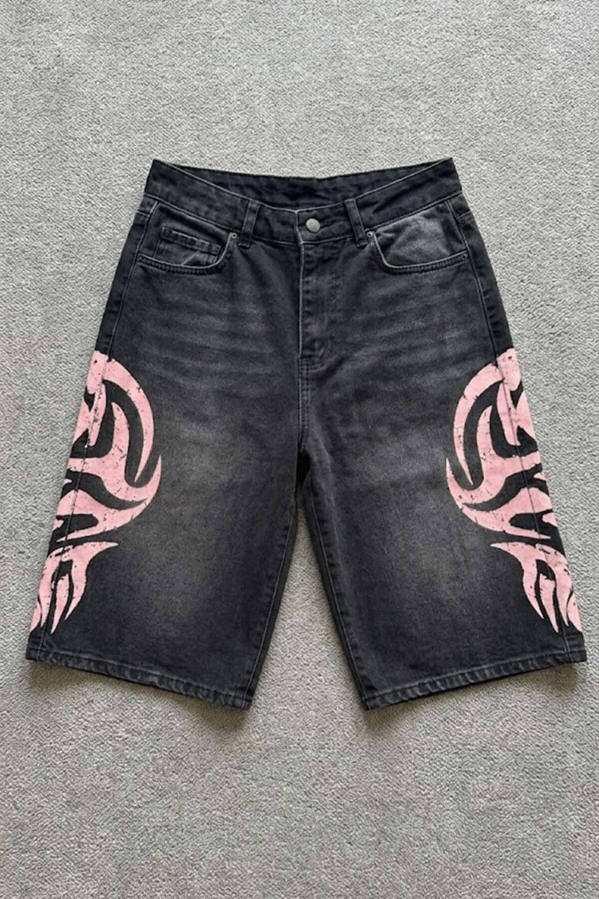 Siyah Taşlamalı Pembe Tribal Baskılı Y2K Unisex Baggy Şort