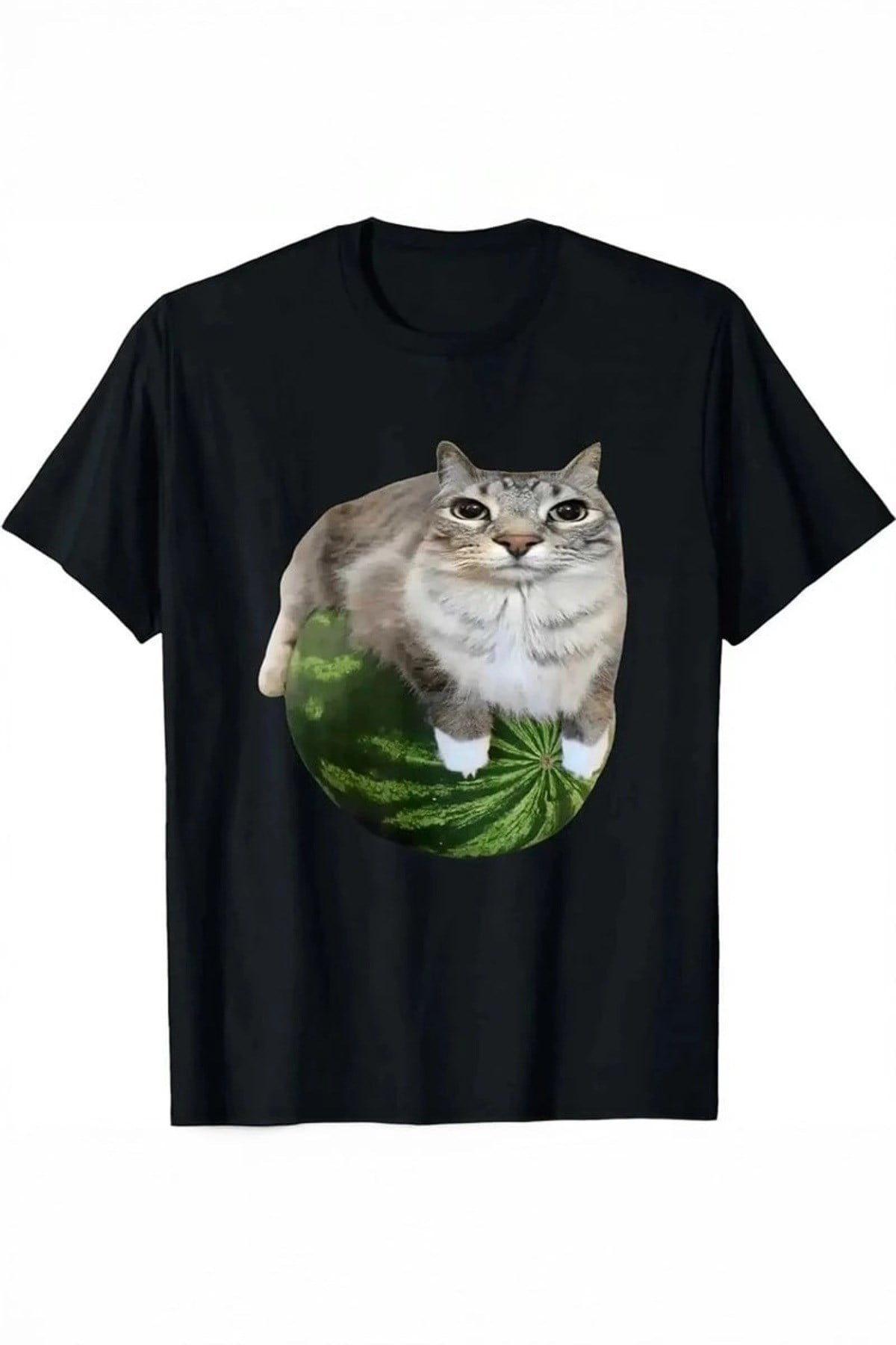 Siyah Watermelon Cat Unisex Kısa Kollu T-Shirt