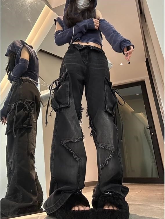 Siyah Yıldız Yamalı Vintage Kargo Cepli Baggy Kot Pantolon