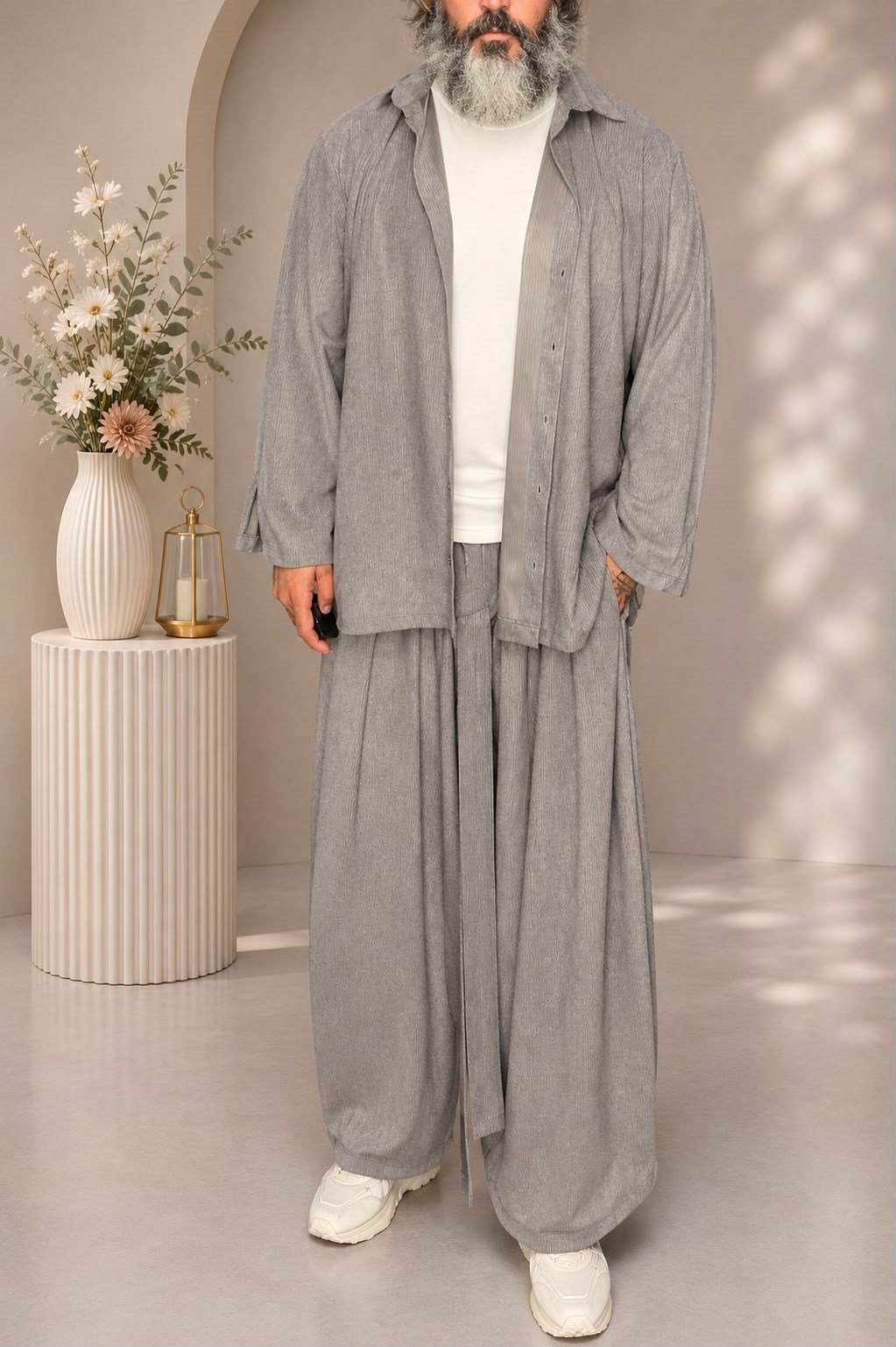 Gri Kadife Fitilli Gömlek Kadife Fitilli Sweatshirt Kadife Kuşak Bolkesim Pantolon