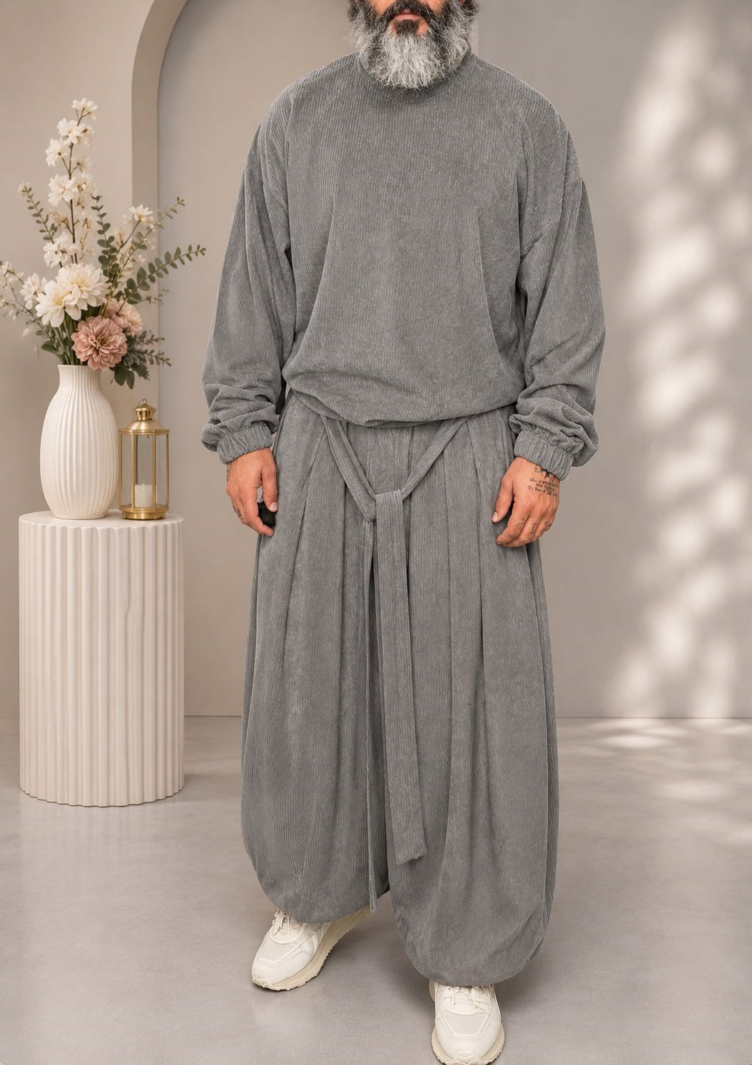 Gri Kadife Fitilli Gömlek Kadife Fitilli Sweatshirt Kadife Kuşak Bolkesim Pantolon