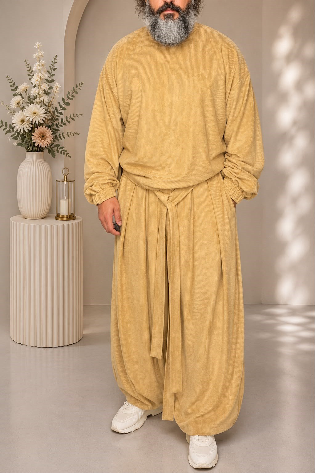 Sari Kadife Fitilli Salaş Gömlek Fitilli Sweatshirt Kuşaklı Pantolon Takımı