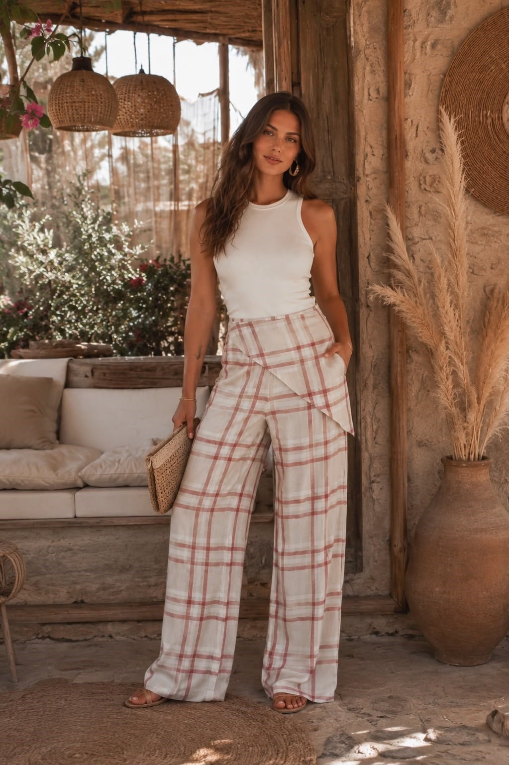 Ekose Bel Bağlama Detaylı Pantalon