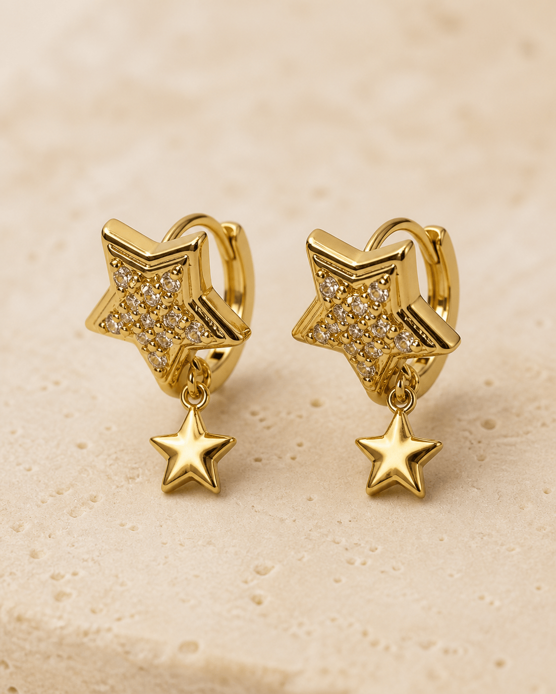 Çelik Taşlı Çift Yıldız Sallantılı Gold Küpe