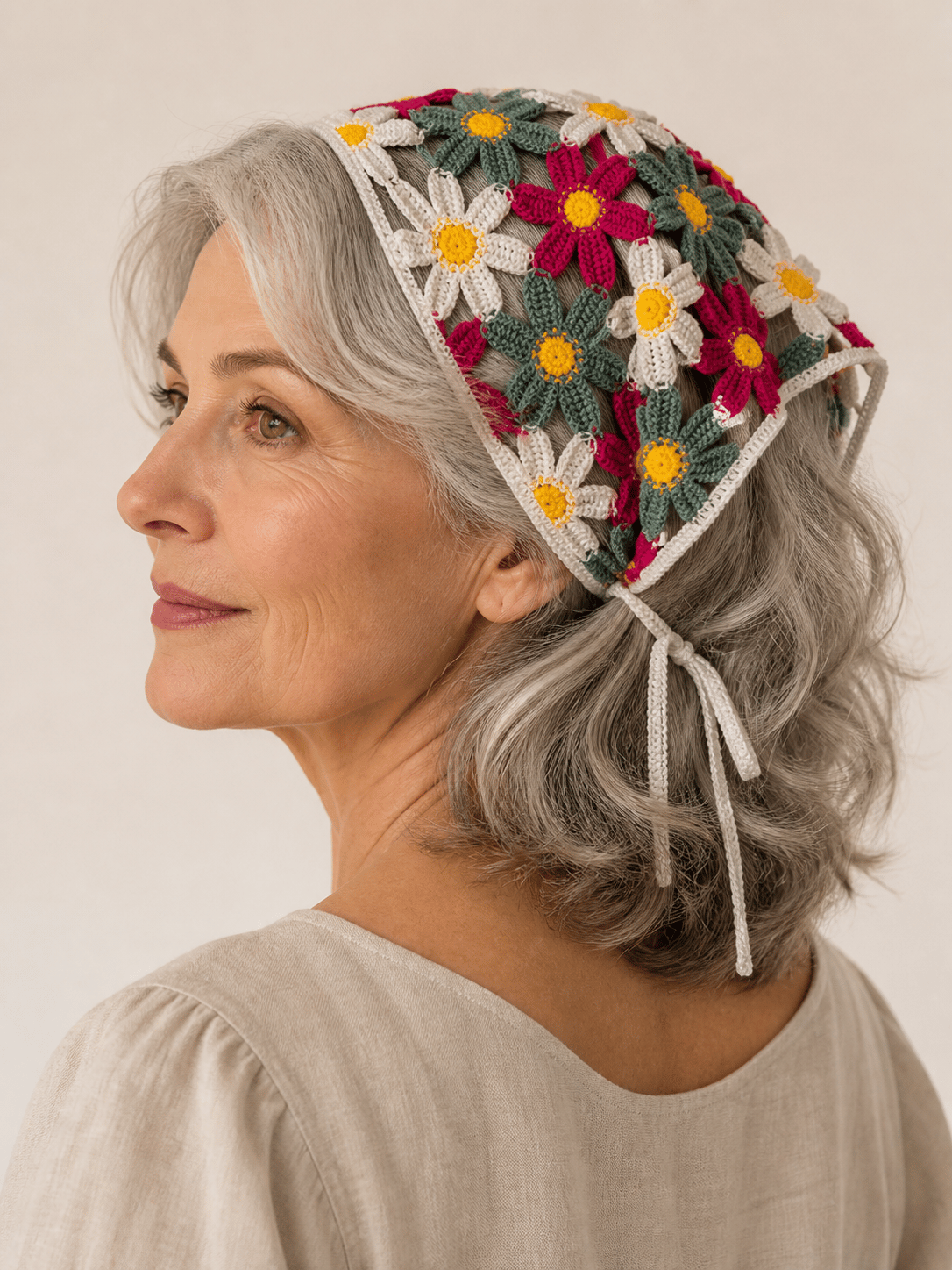  El Yapımı Renkli Çiçek Motifli Örgü Bandana – Fuşya, Yeşil ve Beyaz