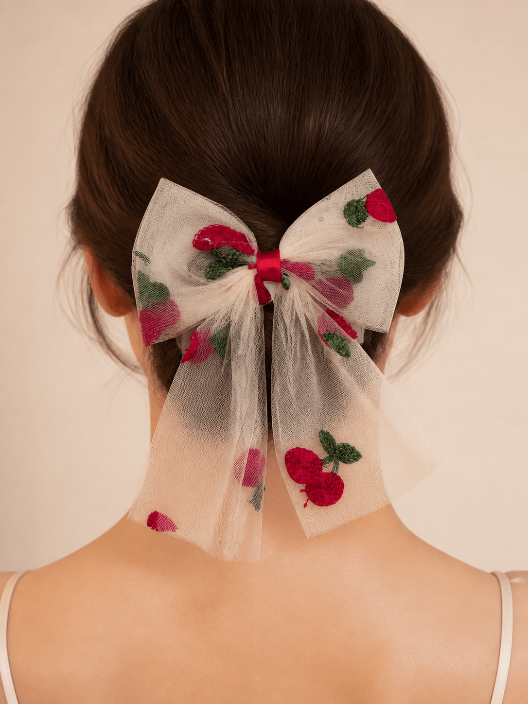  Fashion Kiraz Nakışlı Krem Tül Fiyonk Saç Tokası